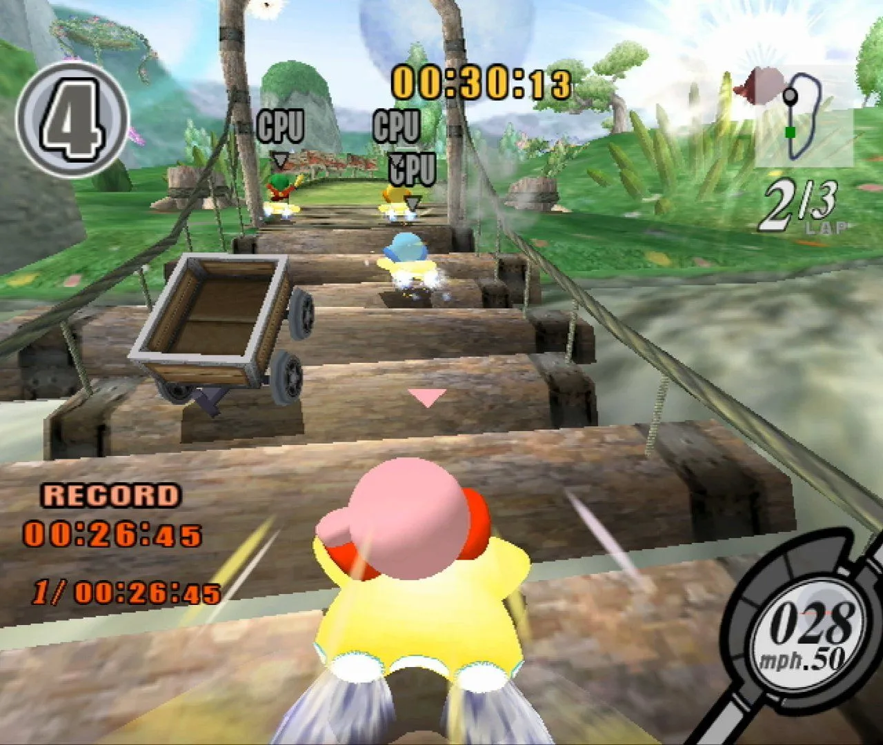 Gameplay Kirby Air Ride với Kirby lái qua cầu gỗ