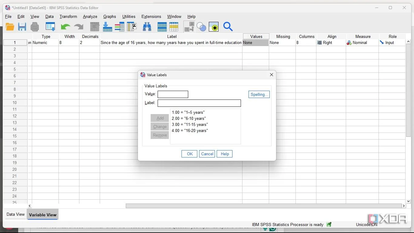 Gán giá trị số (Values) và nhãn tương ứng cho các lựa chọn của biến trong SPSS