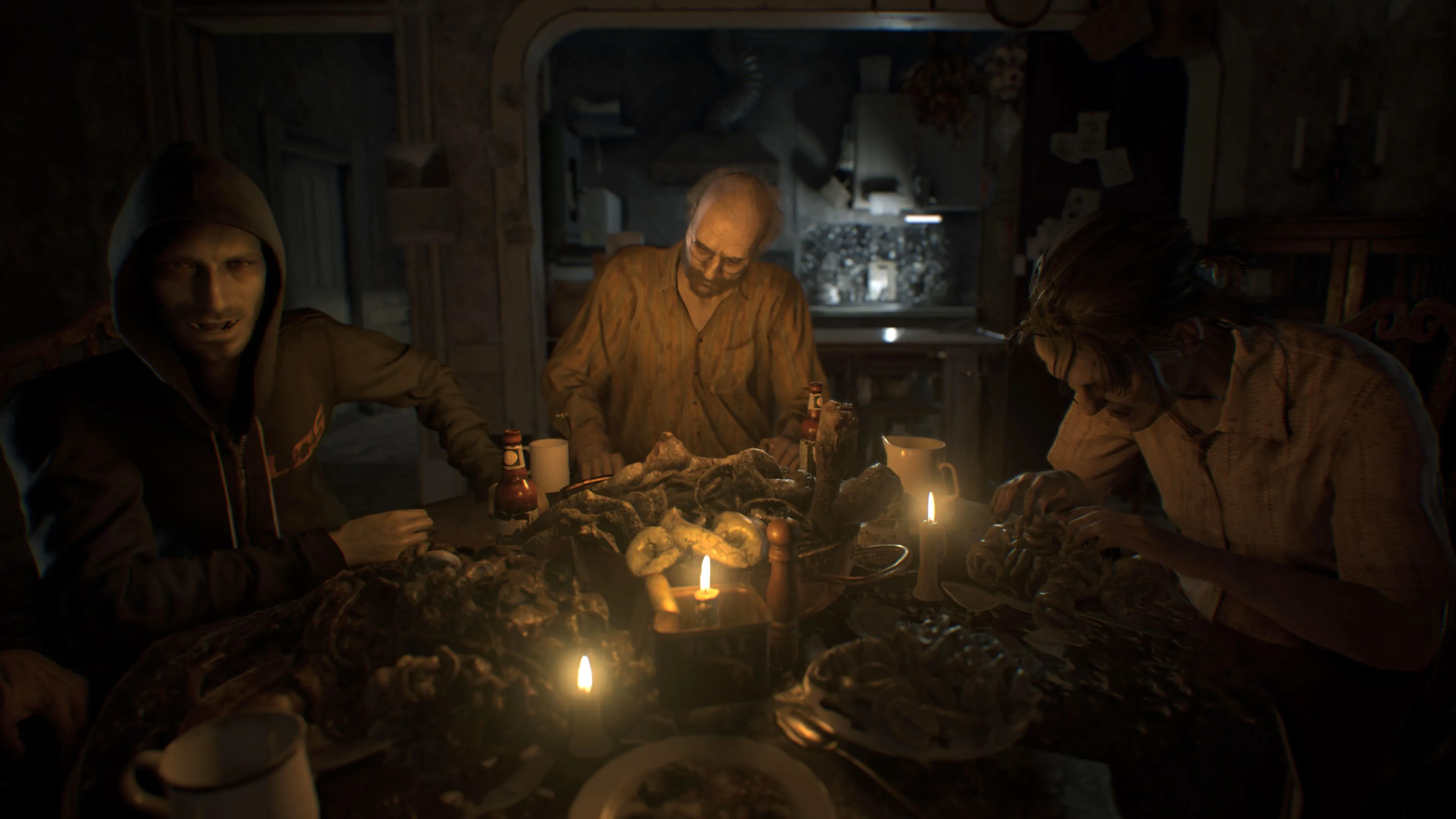 Gia đình Baker trong Resident Evil 7 đang dùng bữa tối, tạo nên không khí kinh dị