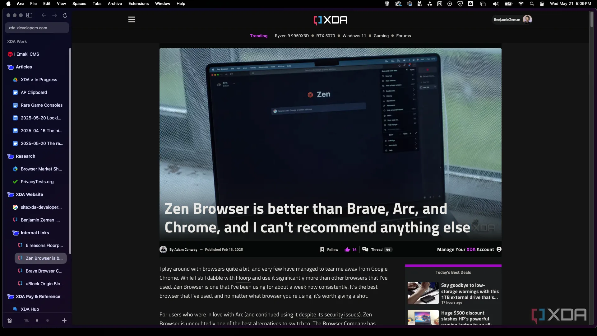 Giao diện Arc Browser với tính năng nhóm tab và thư mục lồng nhau, giúp tối ưu quản lý tab