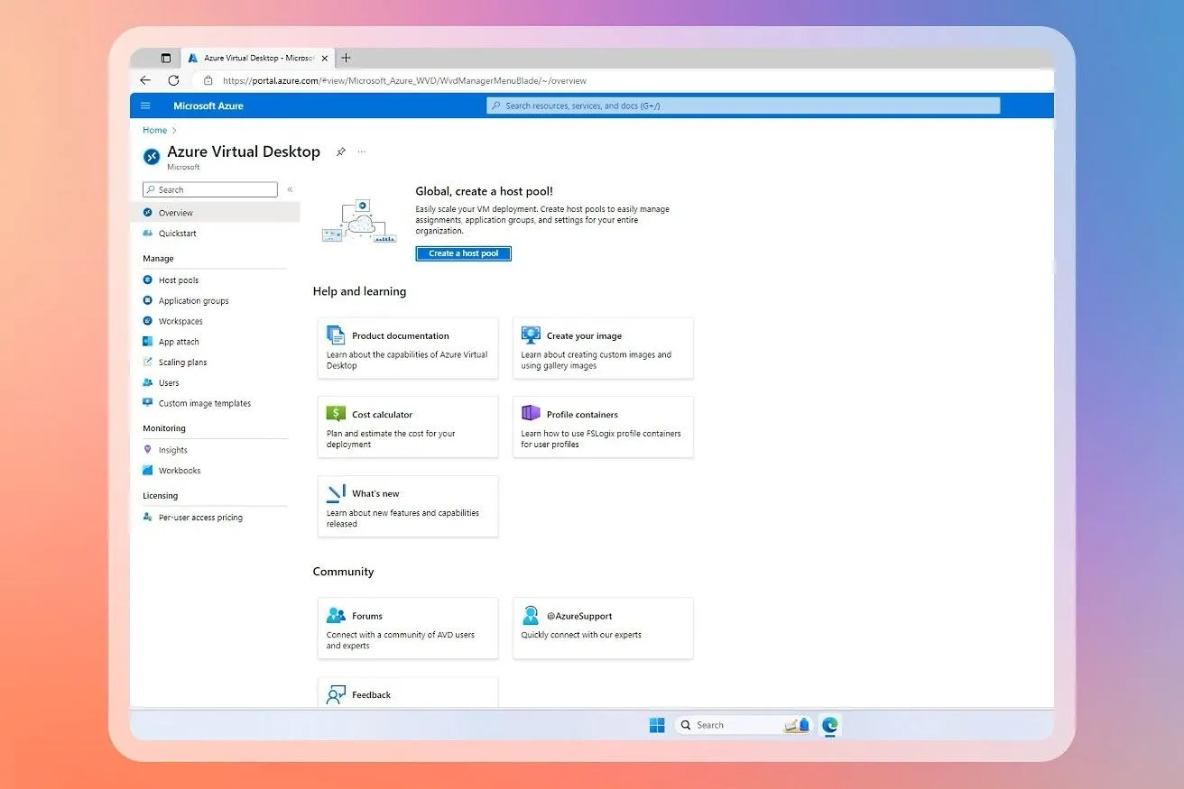 Giao diện Azure Virtual Desktop minh họa nền tảng đám mây Microsoft Azure