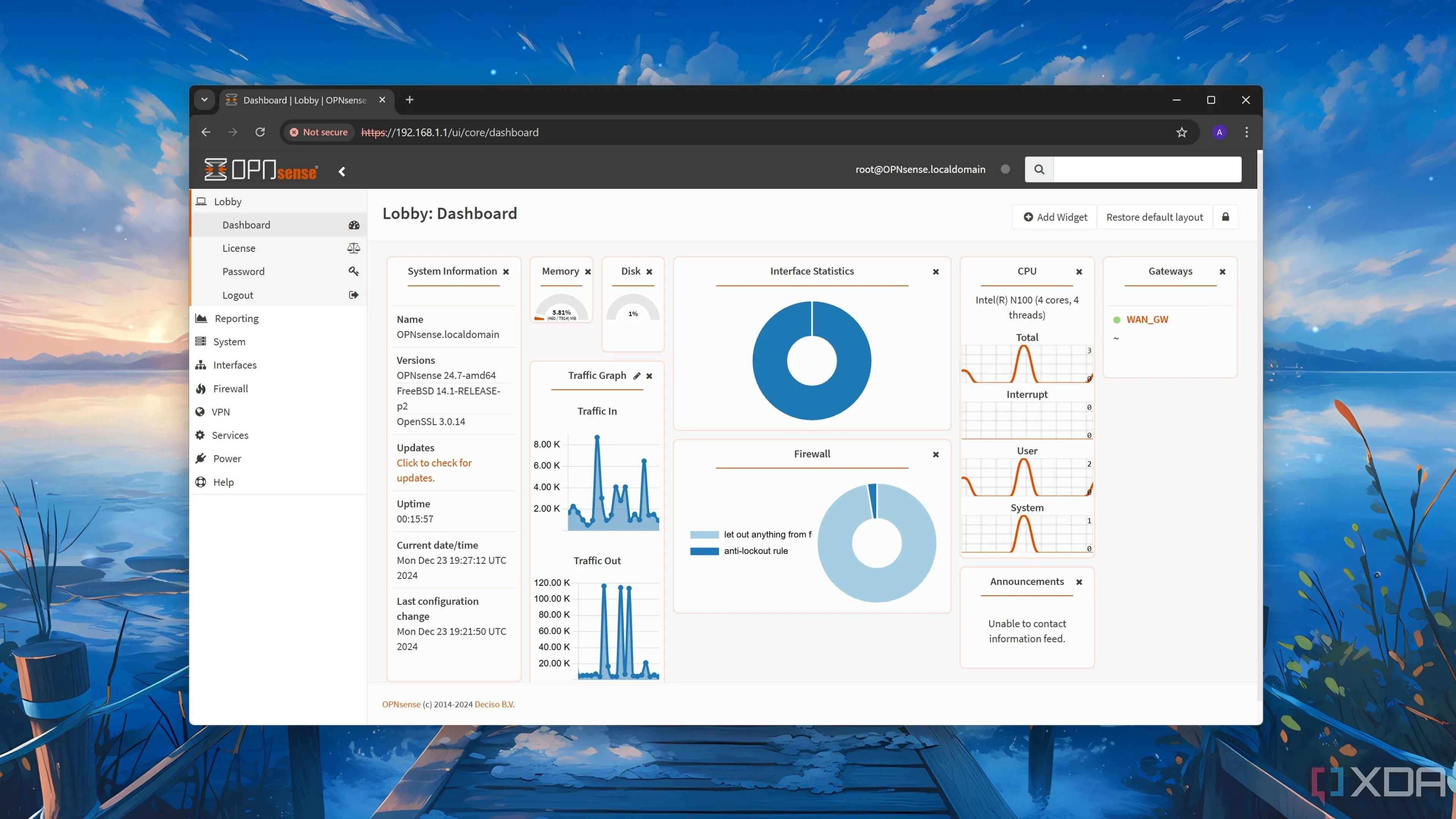 Giao diện bảng điều khiển (dashboard) chính của OPNsense, hiển thị tổng quan trạng thái và thông số mạng