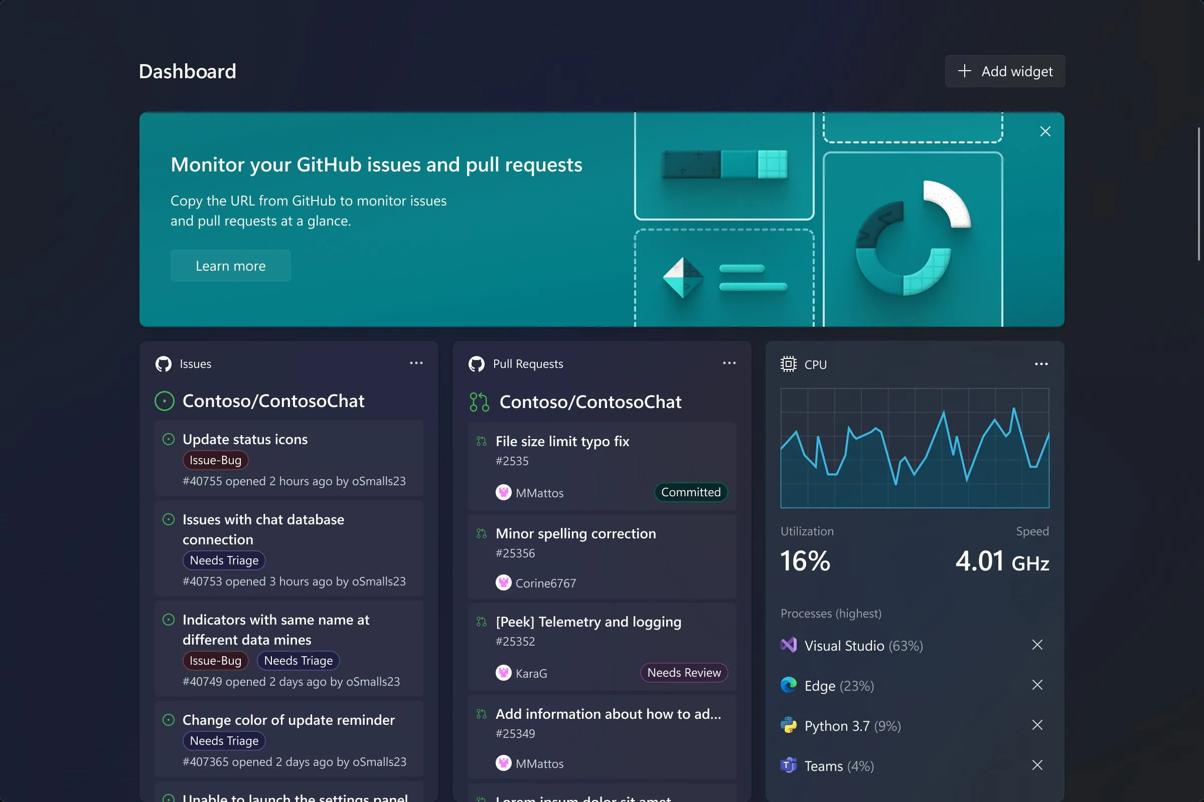 Giao diện bảng điều khiển tùy chỉnh của ứng dụng Dev Home trên Windows 11