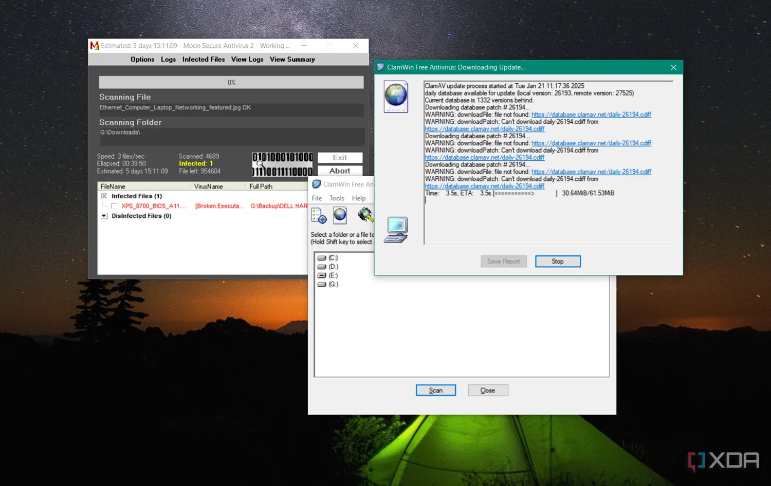 Giao diện các chương trình diệt virus mã nguồn mở hoạt động trên hệ điều hành Windows, nhấn mạnh sự đa dạng của giải pháp bảo mật miễn phí.