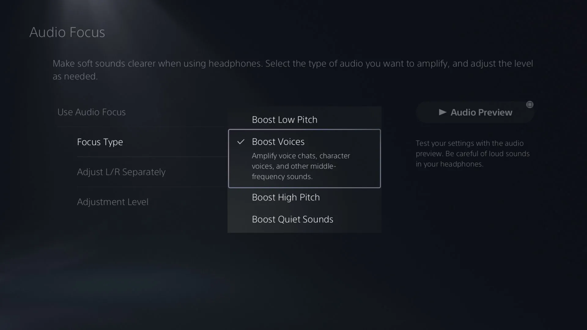 Giao diện cài đặt Audio Focus trên PS5 với các tùy chọn âm thanh