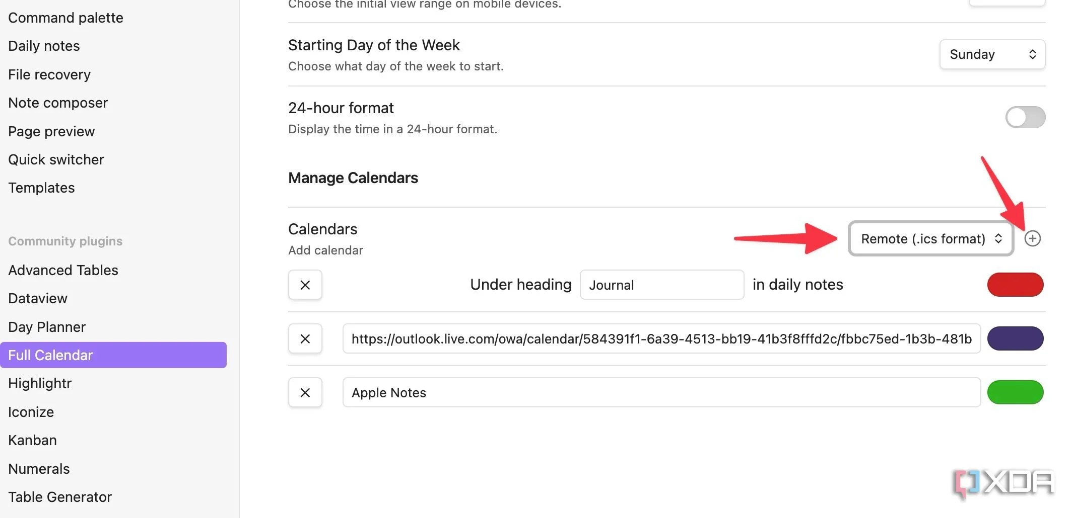Giao diện cài đặt Full Calendar trong Obsidian, nơi người dùng thêm lịch định dạng ICS mới để đồng bộ hóa.