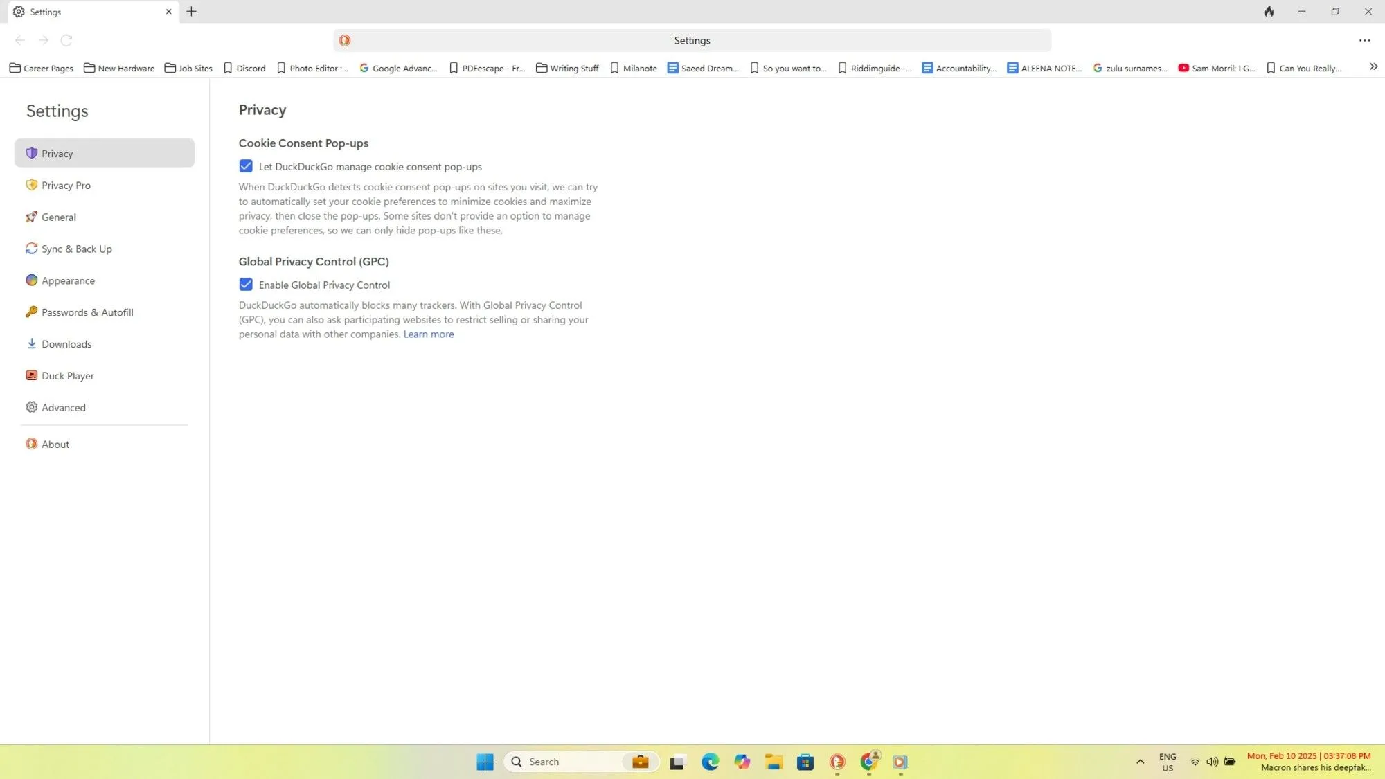 Giao diện cài đặt Global Privacy Control (GPC) của DuckDuckGo, thông báo cho website không theo dõi dữ liệu