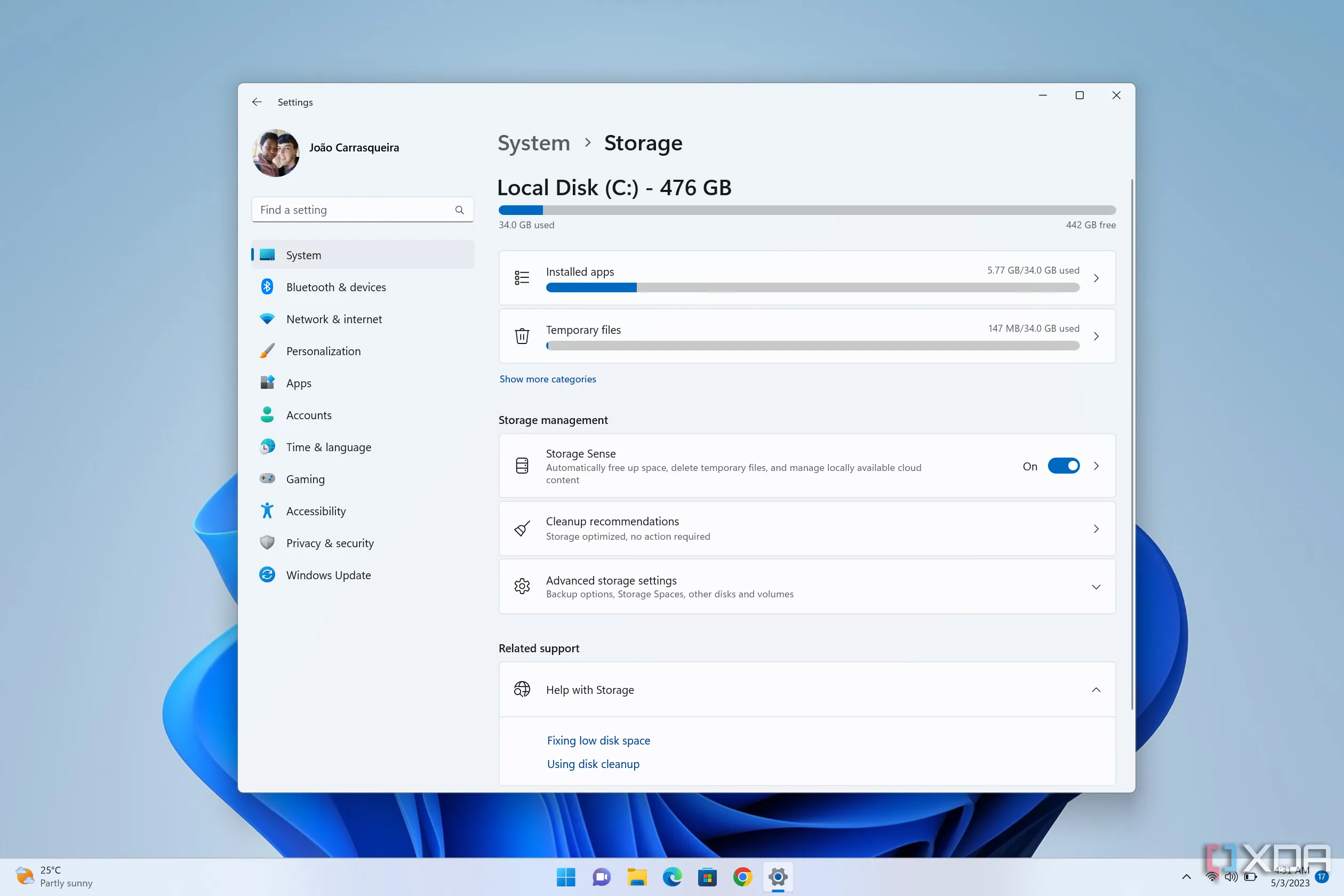 Giao diện cài đặt Lưu trữ (Storage) trên Windows 11