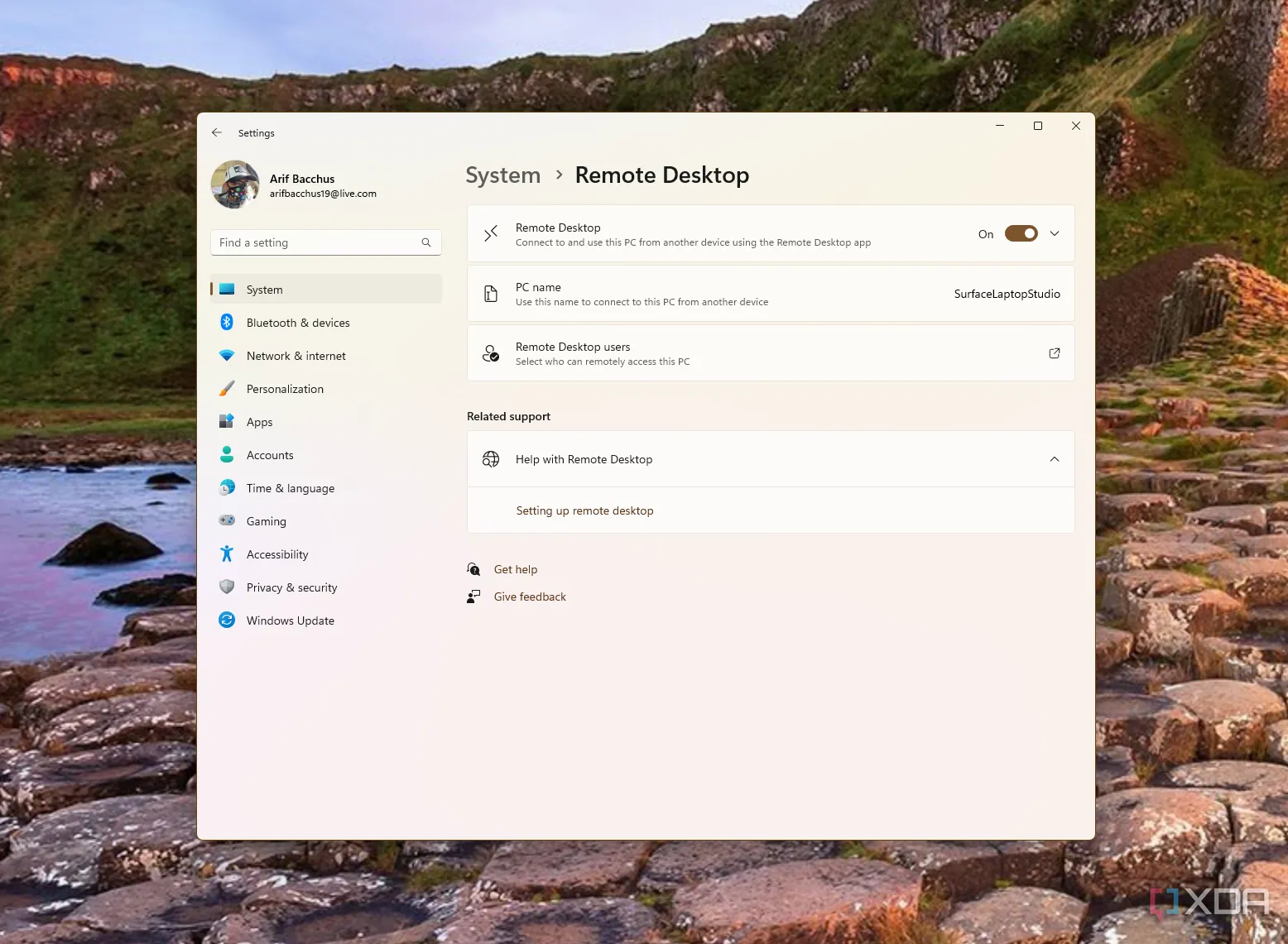 Giao diện cài đặt Remote Desktop trong ứng dụng Cài đặt của Windows 11