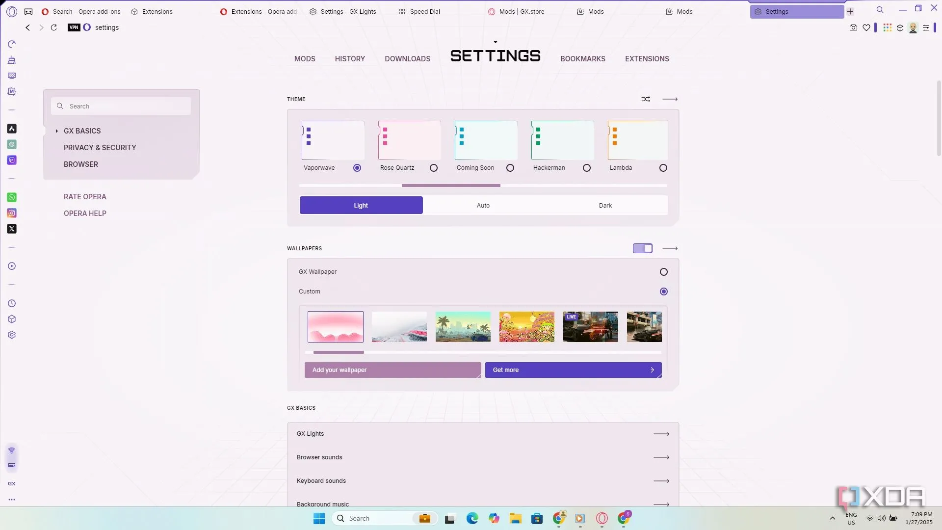 Giao diện cài đặt (Settings) của trình duyệt Opera GX với các tùy chọn đa dạng.