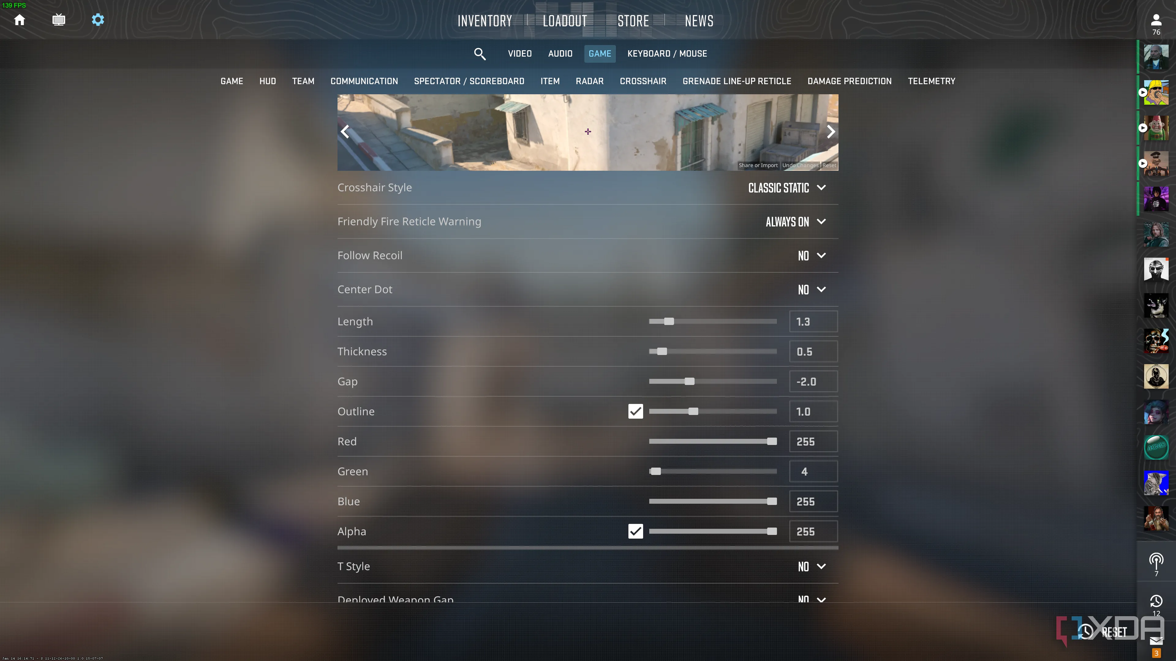 Giao diện cài đặt tâm ngắm (crosshair) tùy chỉnh trong Counter-Strike 2, giúp người chơi nâng cao độ chính xác