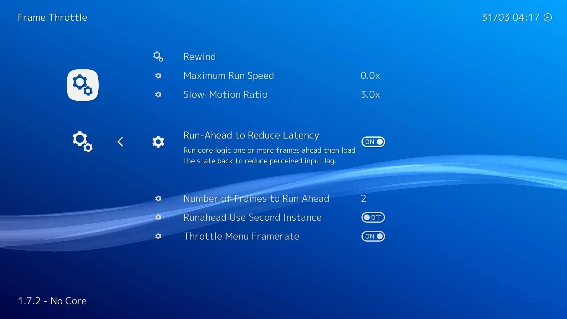 Giao diện cài đặt tính năng Run Ahead trong menu của RetroArch