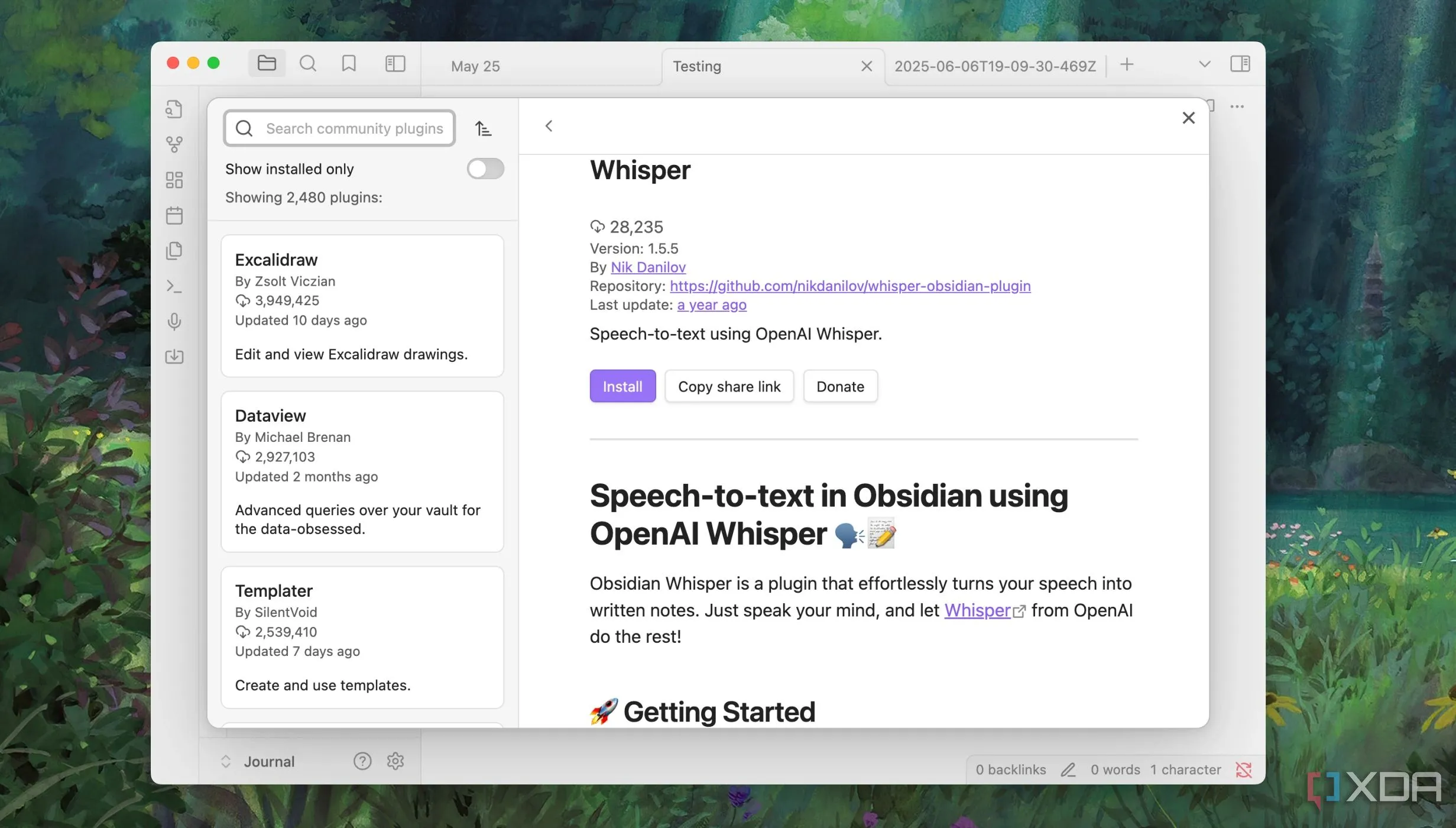 Giao diện cài đặt và hoạt động của Whisper plugin trong Obsidian