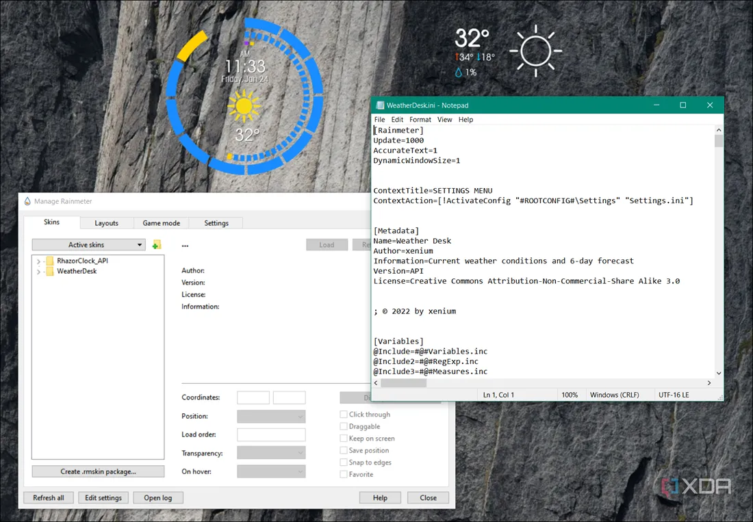 Giao diện cài đặt và tùy chỉnh mã nguồn của Rainmeter skin trên Windows 11