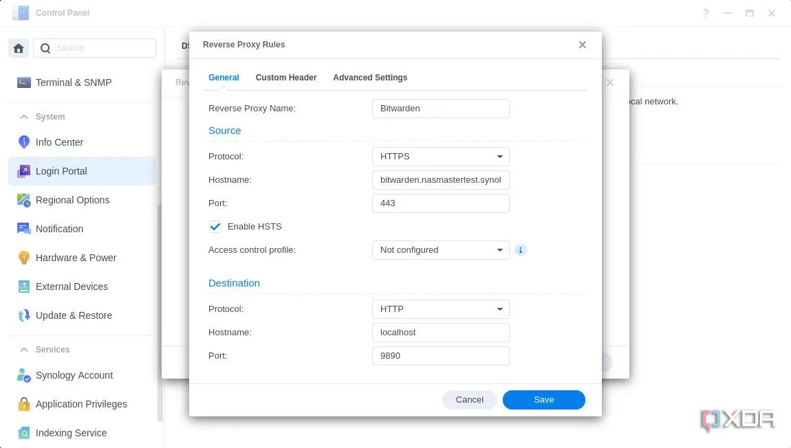 Giao diện cấu hình reverse proxy trong Synology DSM 7 minh họa việc thiết lập các tuyến truy cập