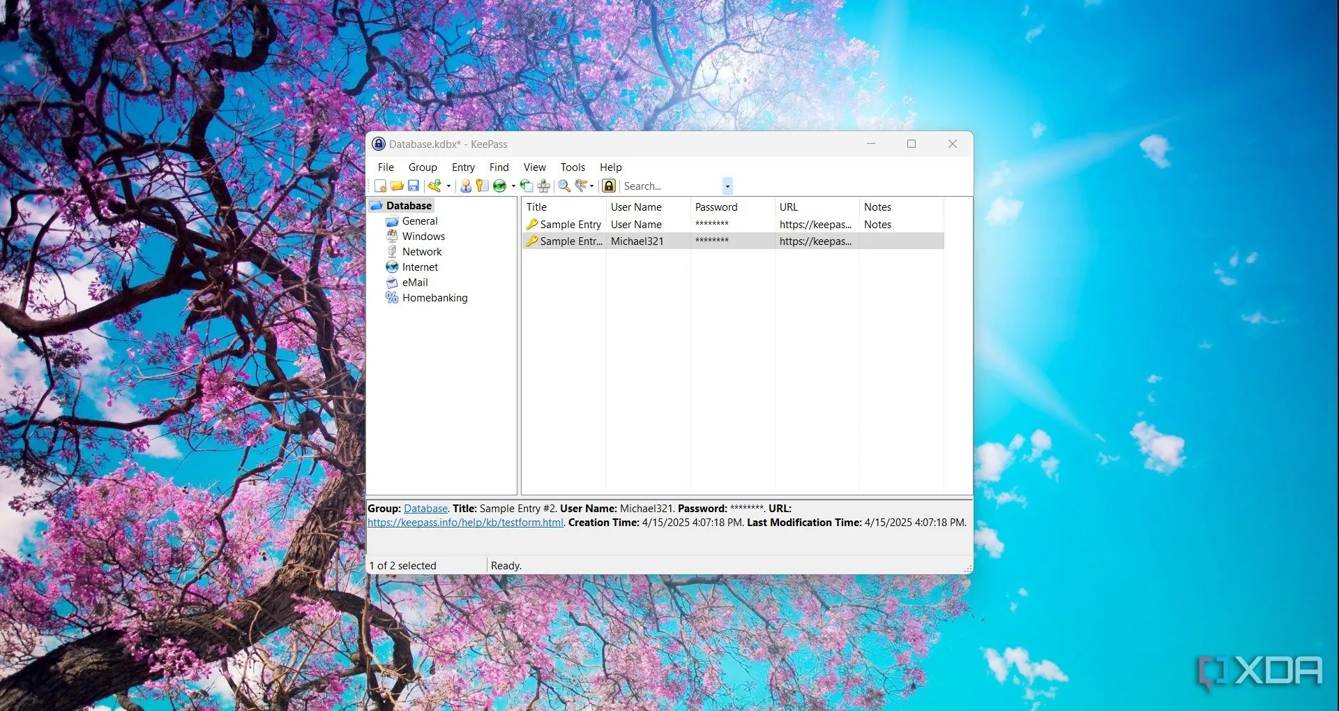 Giao diện chính của KeePass hiển thị các mục quản lý mật khẩu trên Windows 11