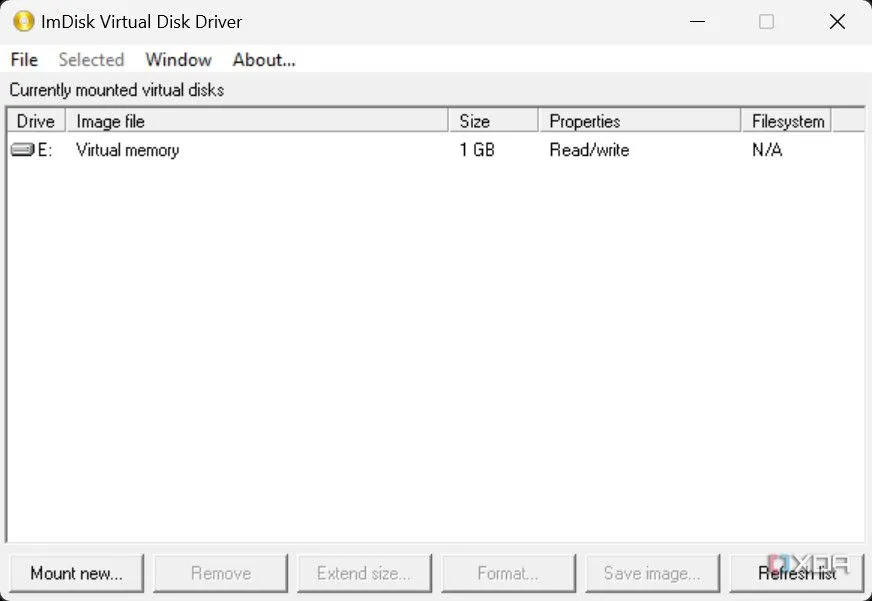Giao diện chính của phần mềm ImDisk Virtual Disk Driver, hiển thị các tùy chọn quản lý và tạo ổ đĩa RAM ảo.