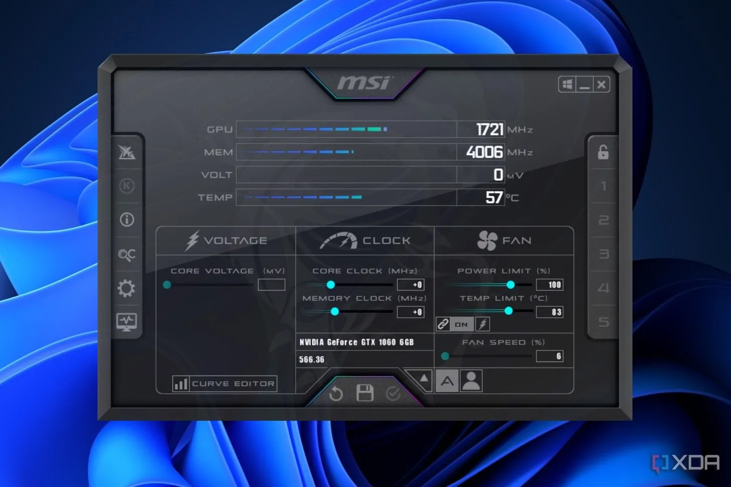 Giao diện chính của phần mềm MSI Afterburner dùng để ép xung card đồ họa