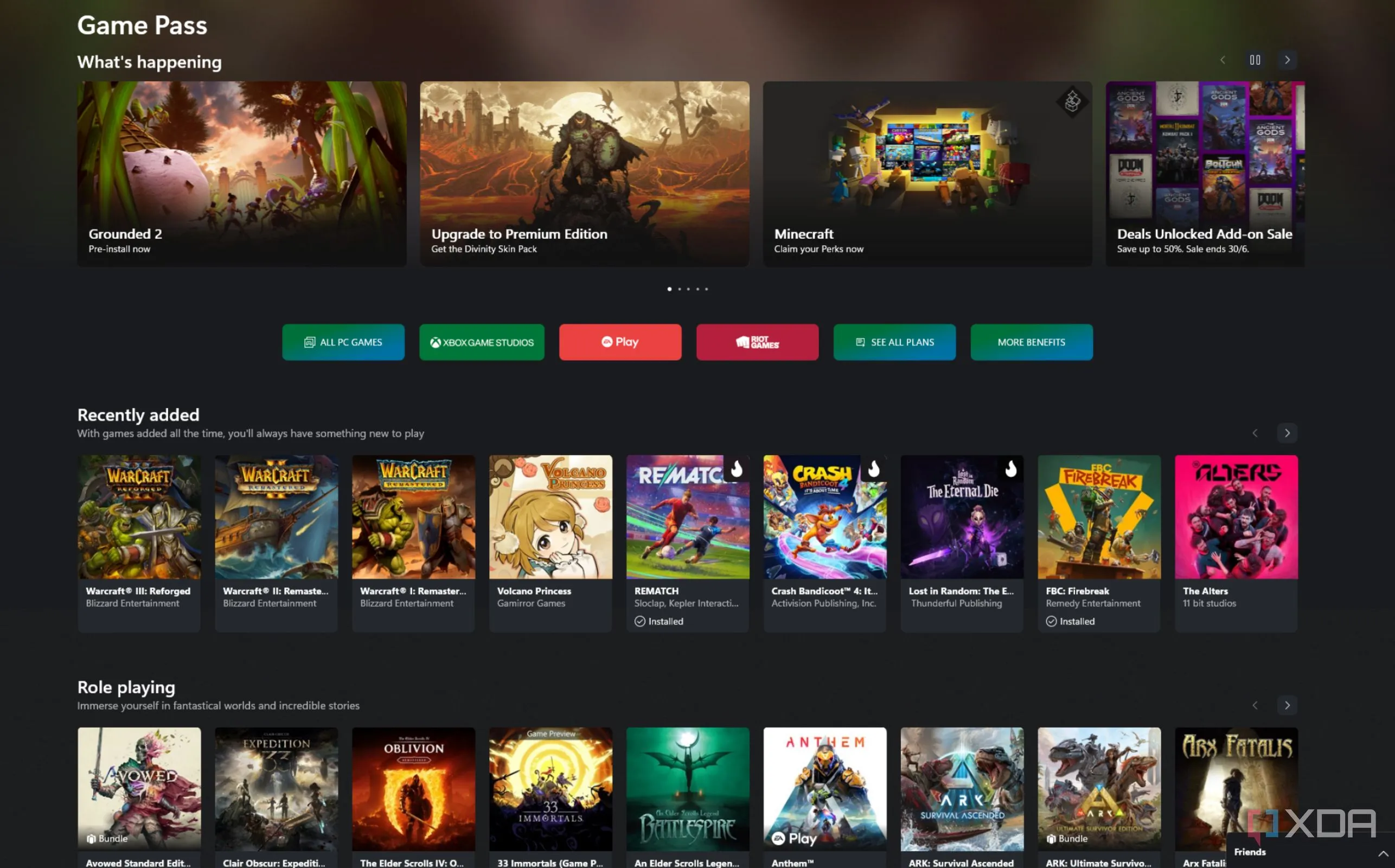 Giao diện chính của Xbox Game Pass trên PC