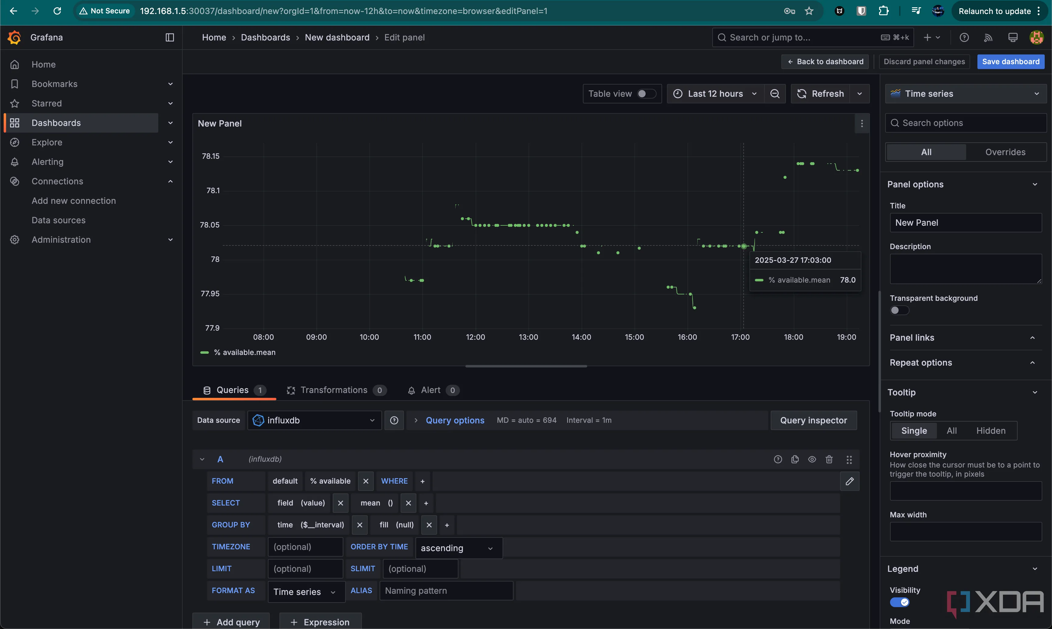 Giao diện chỉnh sửa biểu đồ trong Grafana, hiển thị các tùy chọn cấu hình cho biểu đồ Gauge, bao gồm lựa chọn loại biểu đồ và các cài đặt trực quan hóa dữ liệu. Tùy chỉnh dashboard giám sát nhà thông minh.