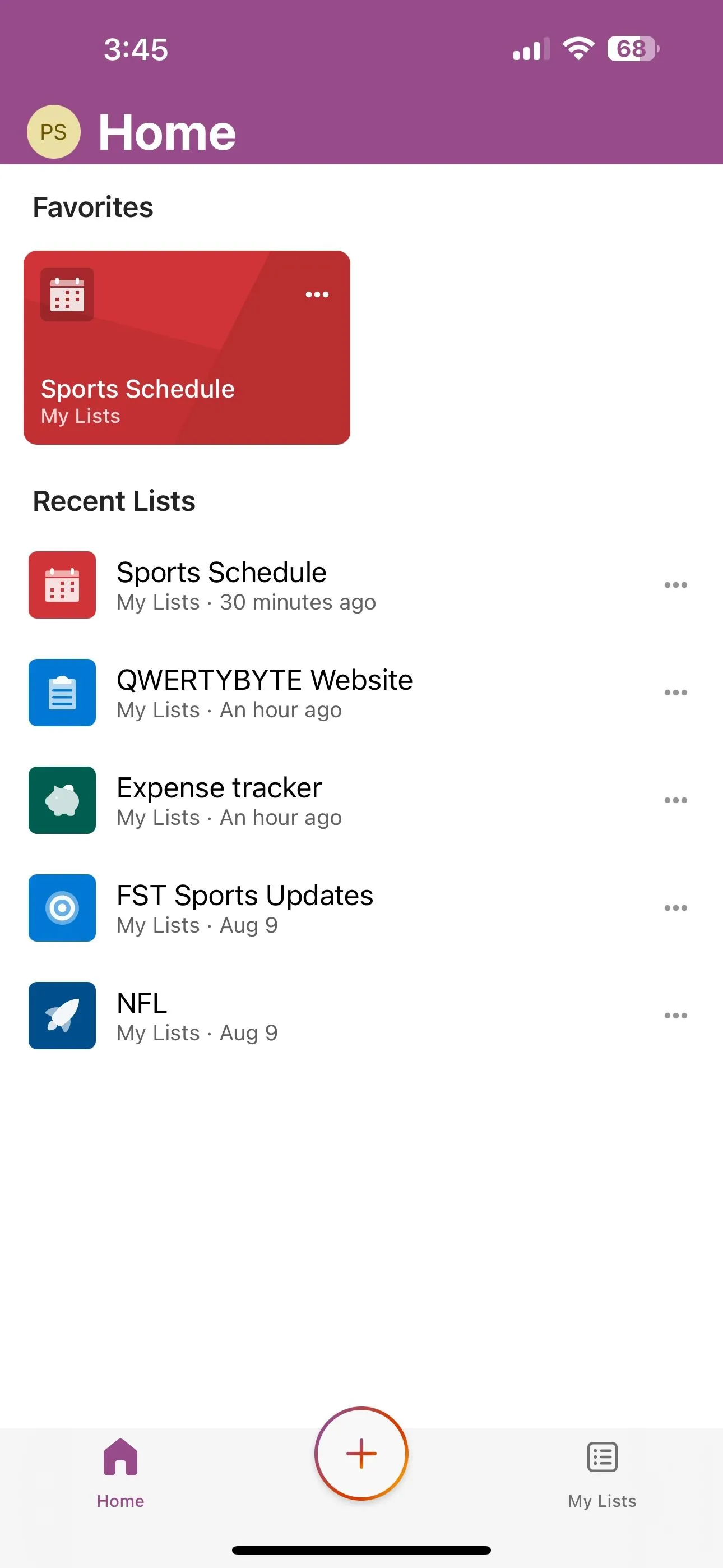 Giao diện chính ứng dụng Microsoft Lists trên iPhone để quản lý dự án