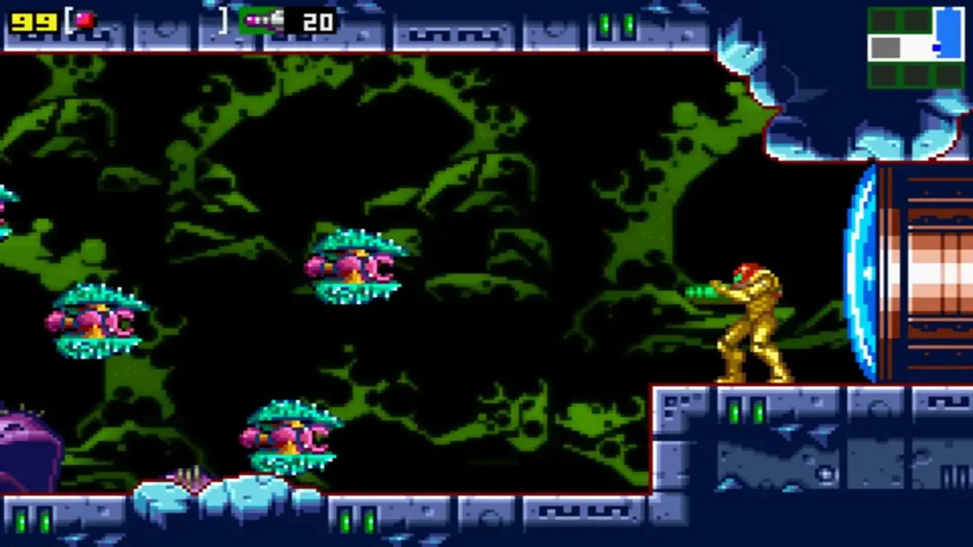 Giao diện chơi của Metroid: Zero Mission trên Game Boy Advance, với đồ họa pixel cải tiến và lối chơi hành động quen thuộc.