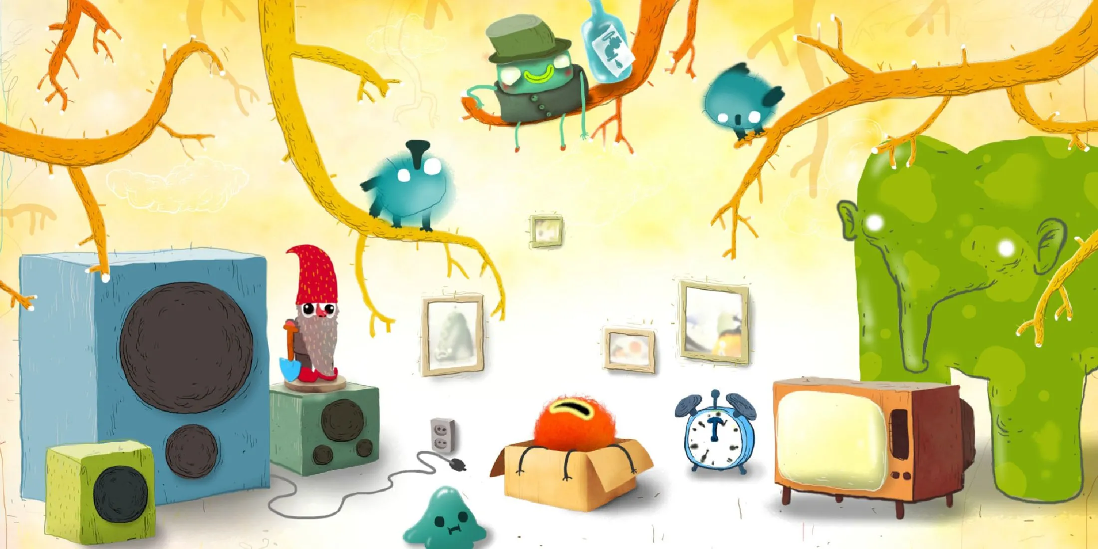 Giao diện chơi game Chuchel với các vật thể kỳ quái và nhân vật Chuchel