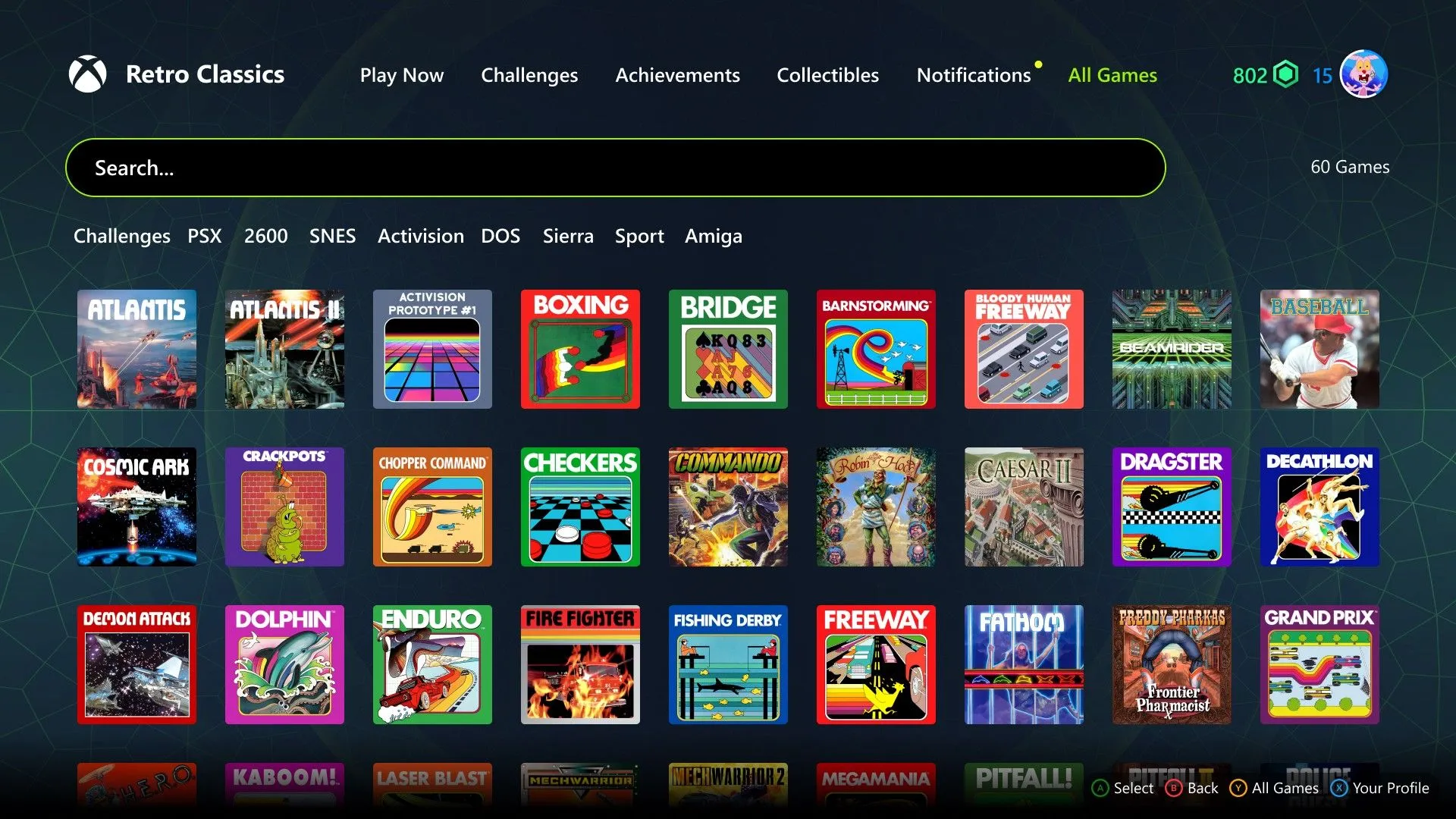 Giao diện chọn game trong Retro Classics hiển thị nhiều tựa game cổ điển của Activision