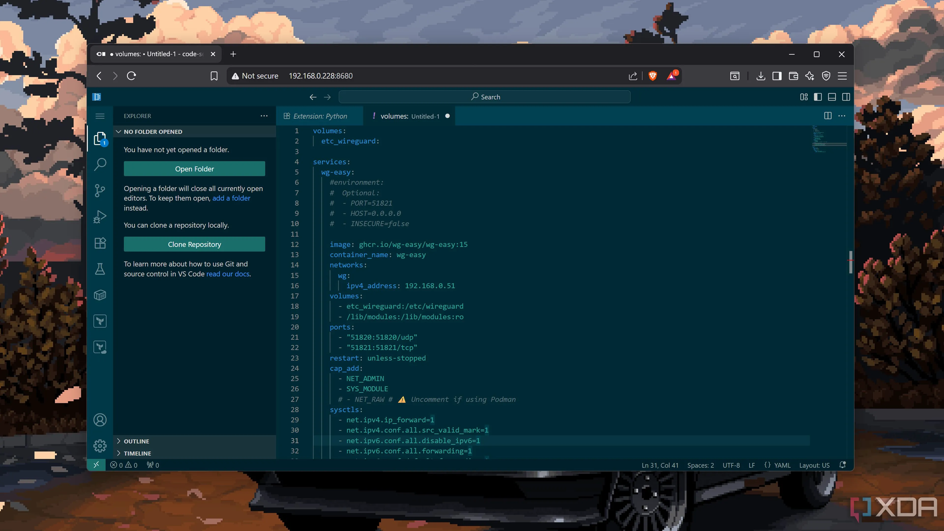 Giao diện Code-Server hiển thị một tệp Docker Compose đang được chỉnh sửa, minh họa môi trường làm việc trên trình duyệt