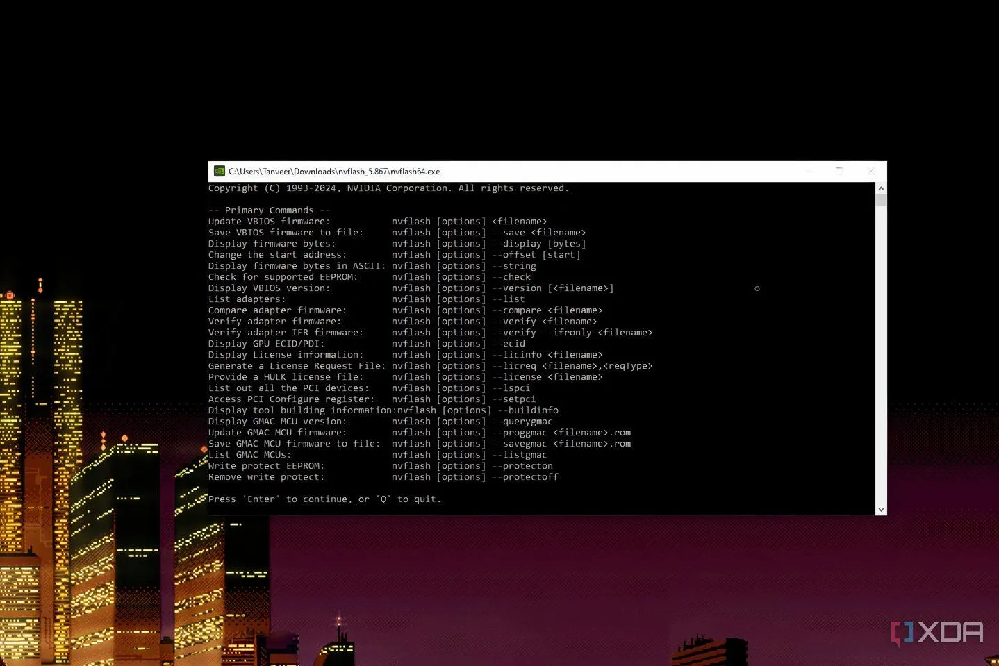 Giao diện công cụ NVFlash của Nvidia trên Windows, sẵn sàng để flash vBIOS GPU