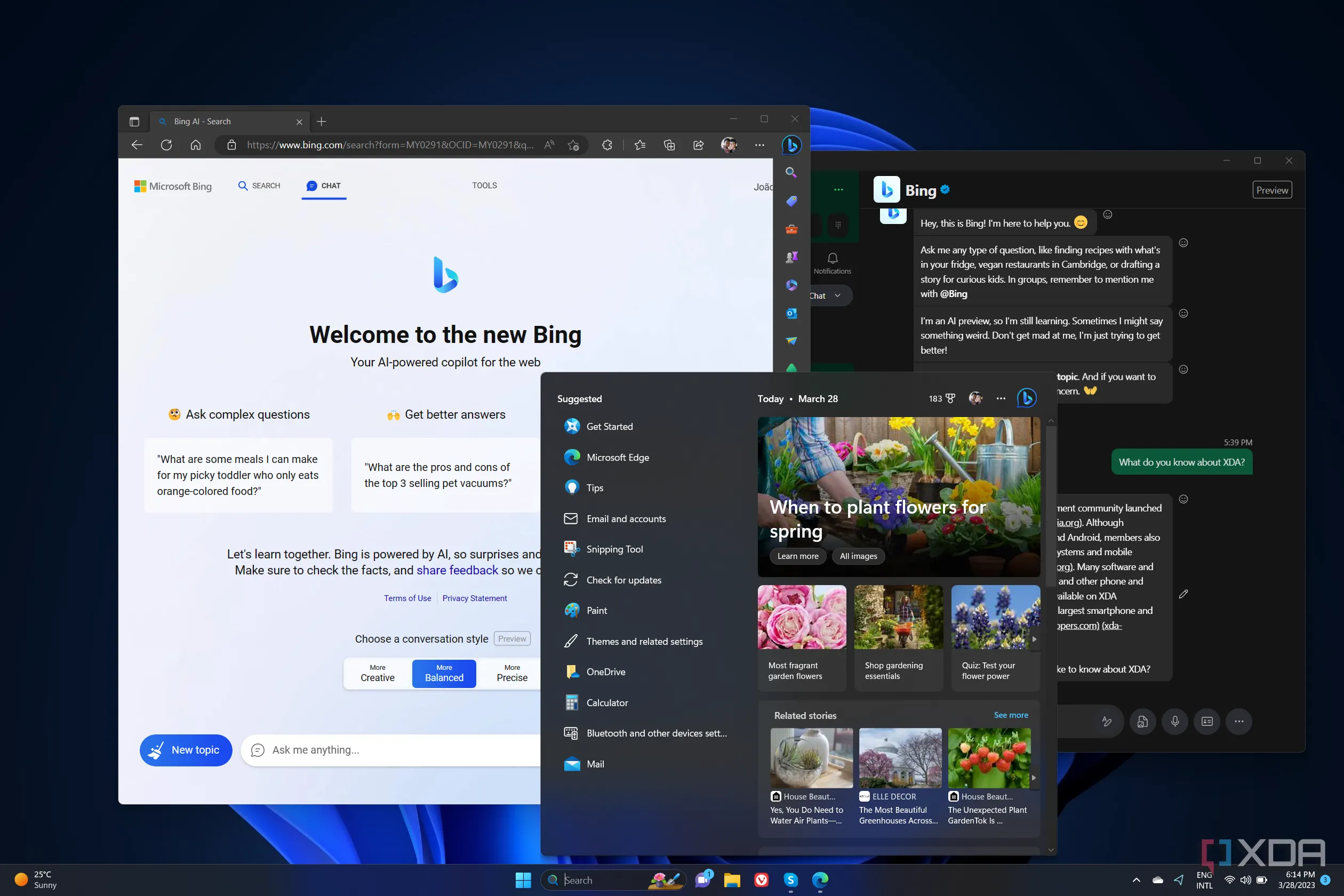 Giao diện công cụ tìm kiếm Bing trên trình duyệt Microsoft Edge và ứng dụng Skype trong Windows 11.
