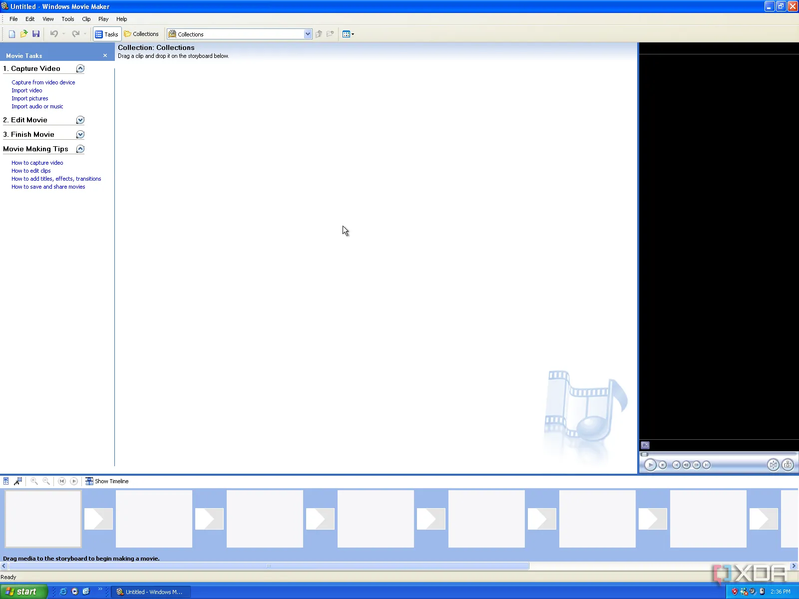 Giao diện của Windows Movie Maker trên Windows XP, công cụ chỉnh sửa video đơn giản nhưng hiệu quả.
