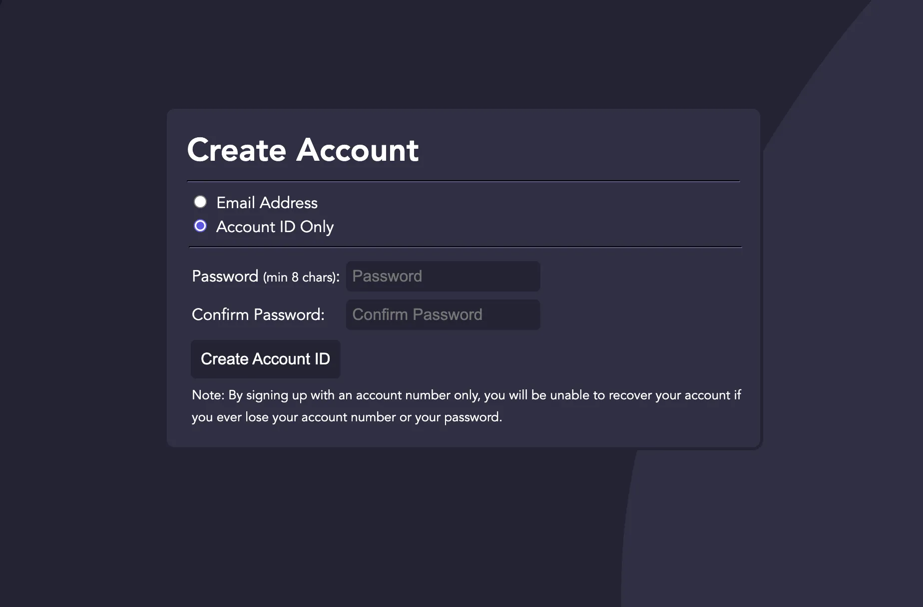 Giao diện đăng ký tài khoản YeetFile chỉ với Account ID, không cần email