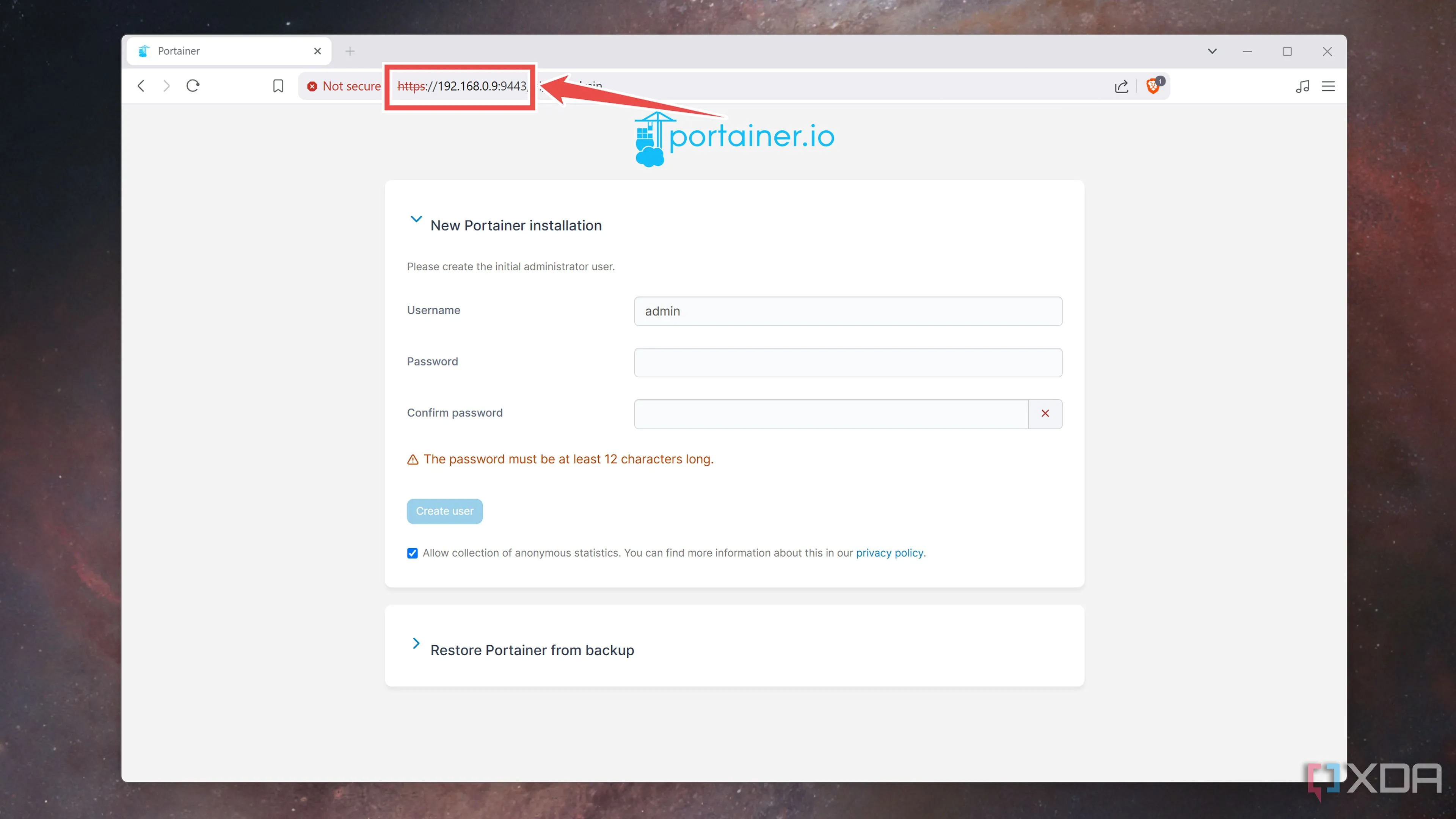 Giao diện đăng nhập Portainer truy cập qua trình duyệt web với địa chỉ IP của node quản lý