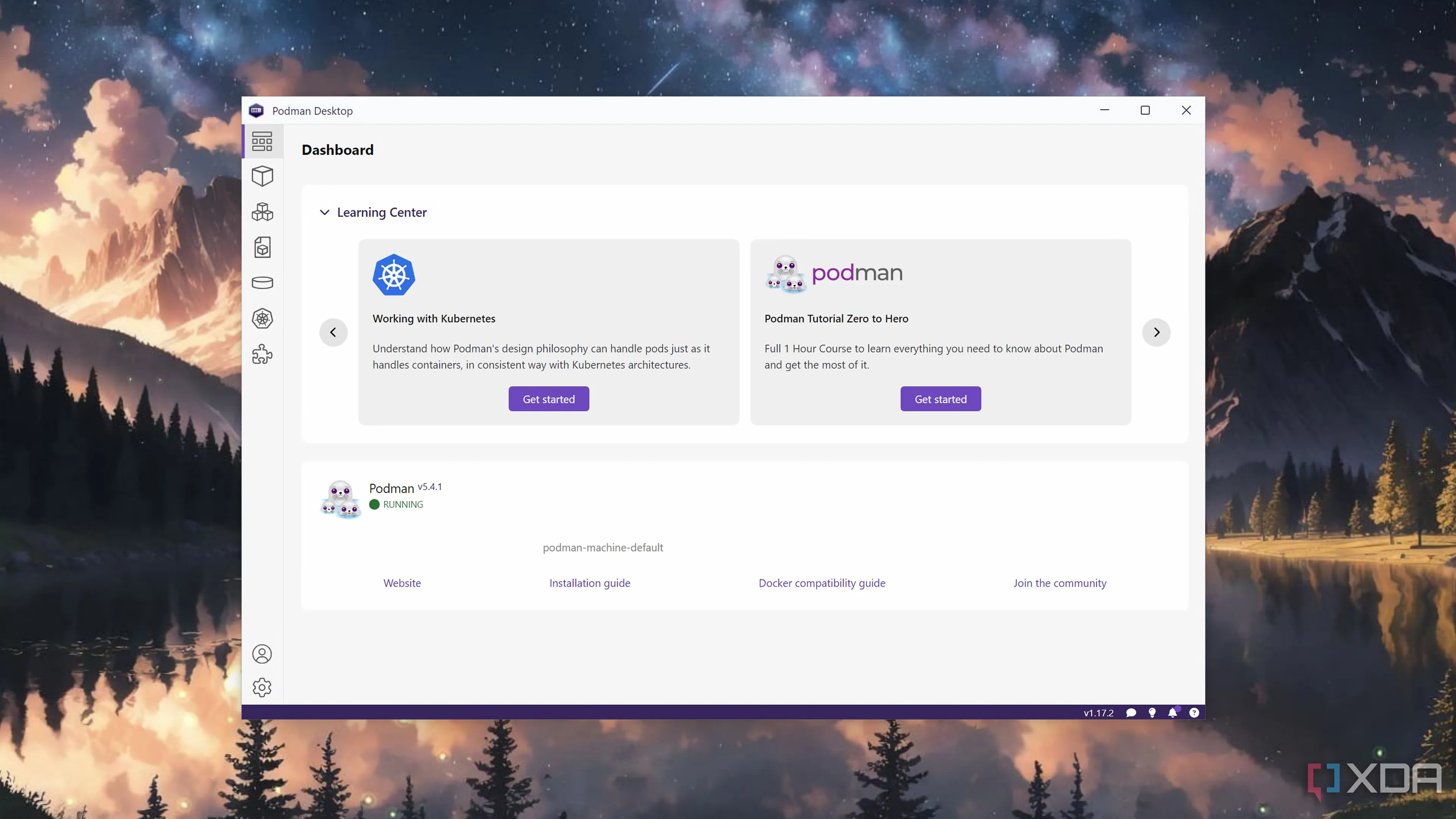 Giao diện Dashboard của Podman Desktop hiển thị trạng thái hoạt động rootless và an toàn trên Windows 11