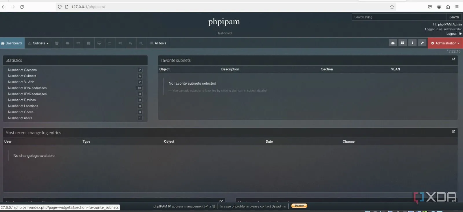Giao diện dashboard tùy chỉnh của phpIPAM hiển thị tổng quan quản lý địa chỉ IP và mạng