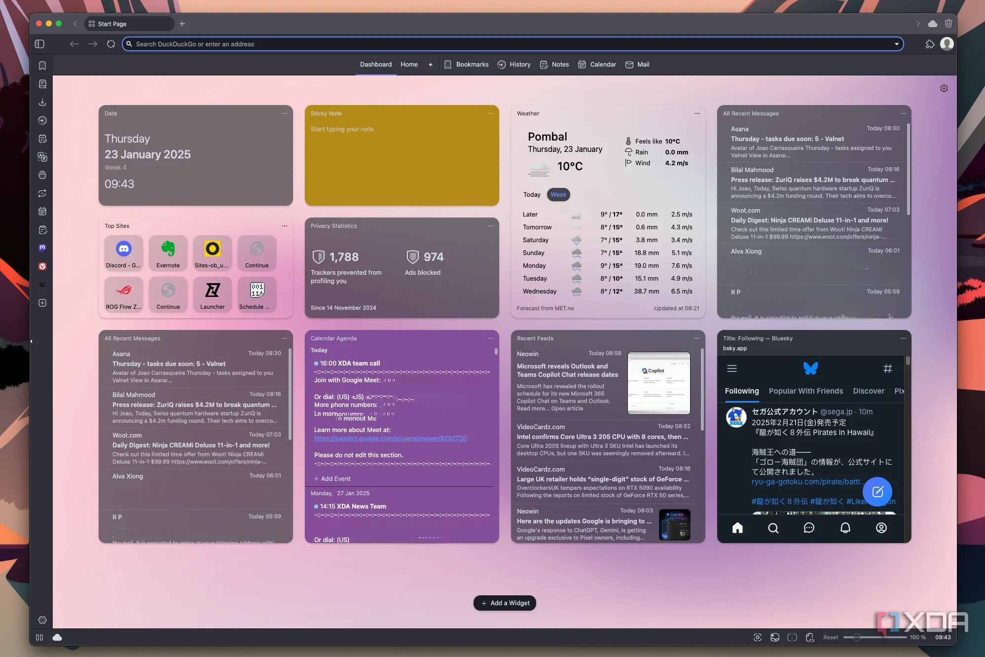 Giao diện Dashboard Vivaldi 7.1 với các widget tùy biến