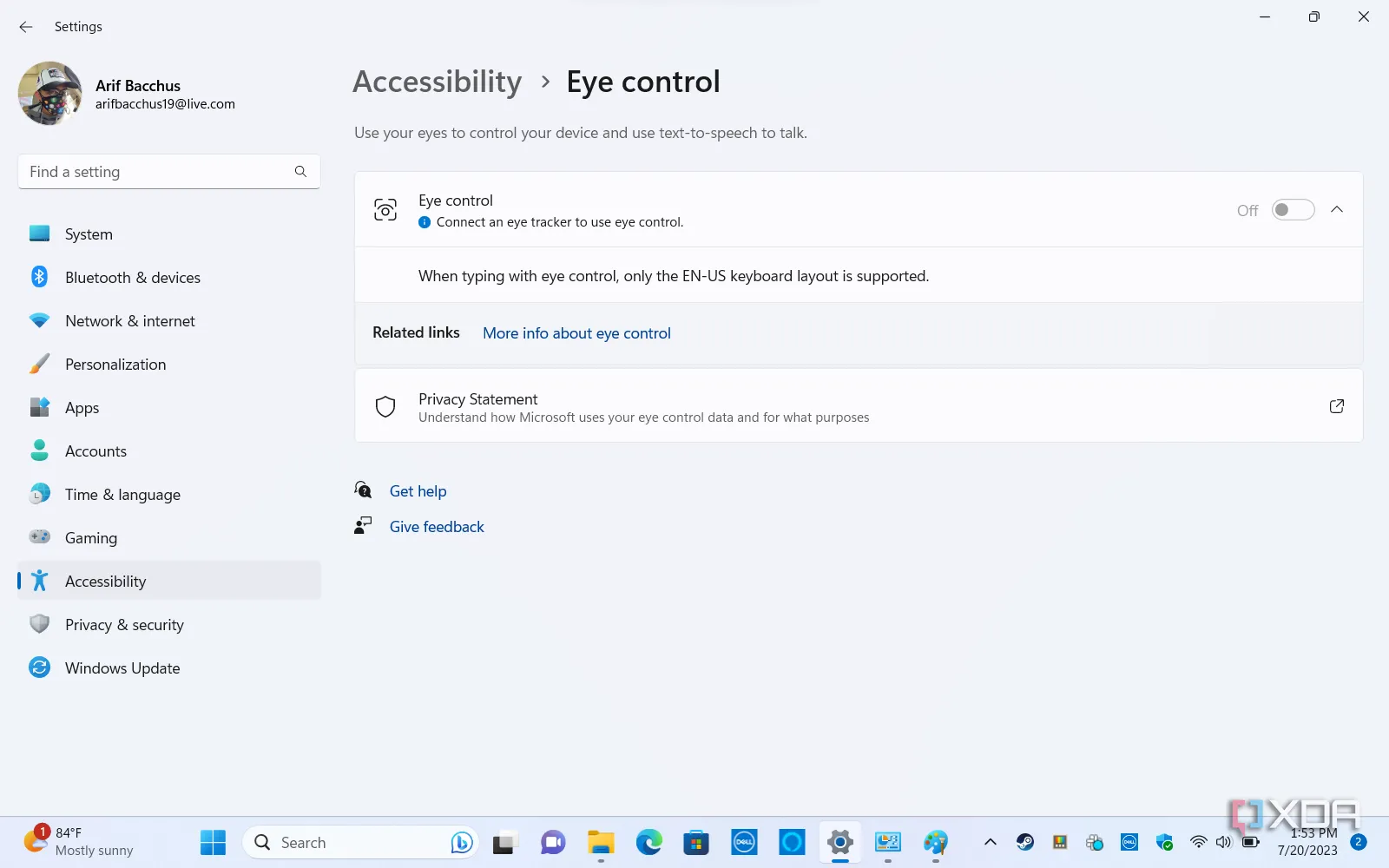 Giao diện điều khiển bằng mắt (Eye Control) trong cài đặt trợ năng của Windows 11.