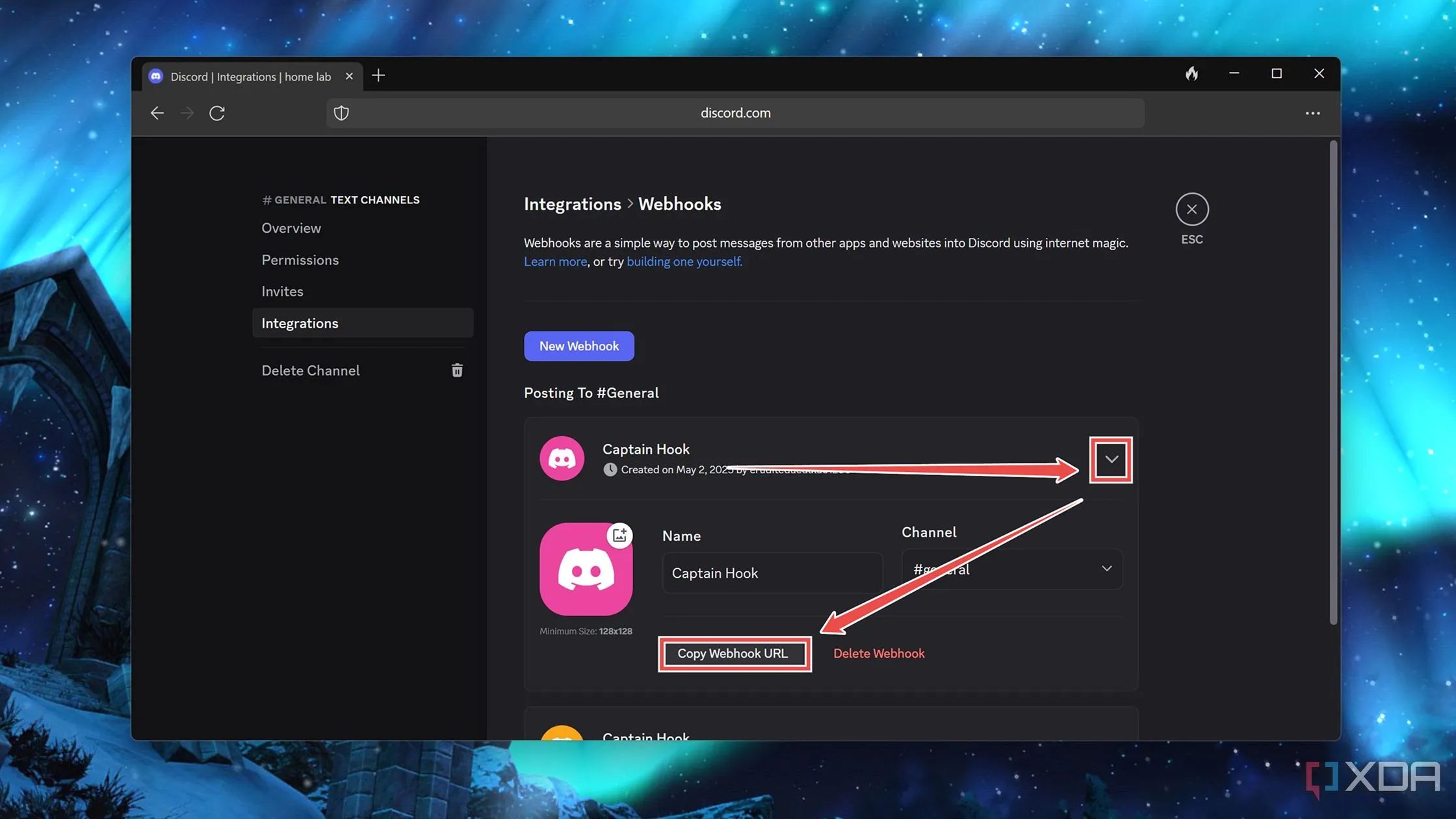 Giao diện Discord hiển thị danh sách webhook đã tạo, với tùy chọn &quot;Copy Webhook URL&quot;