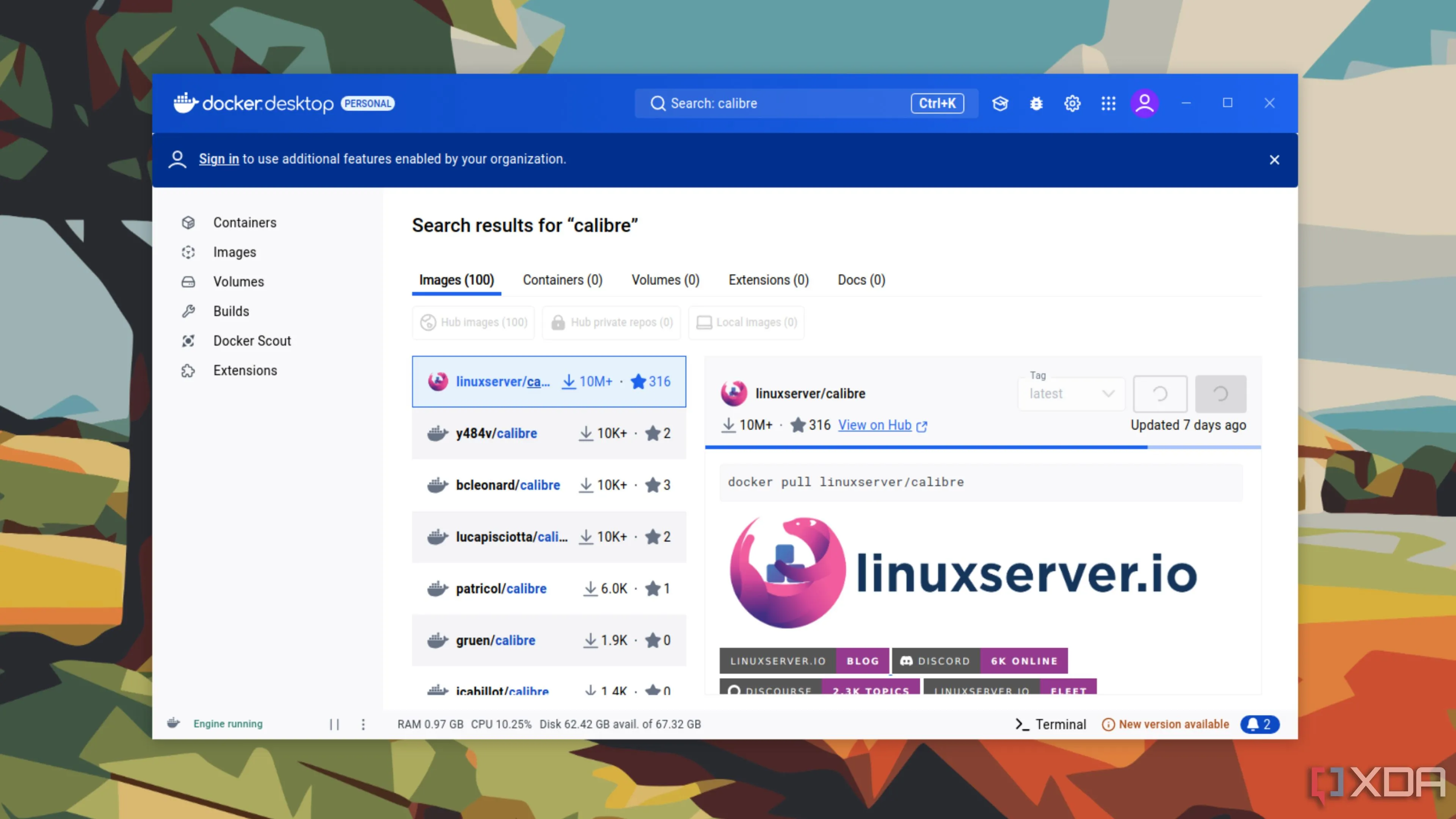 Giao diện Docker Desktop đang hoạt động trên máy tính