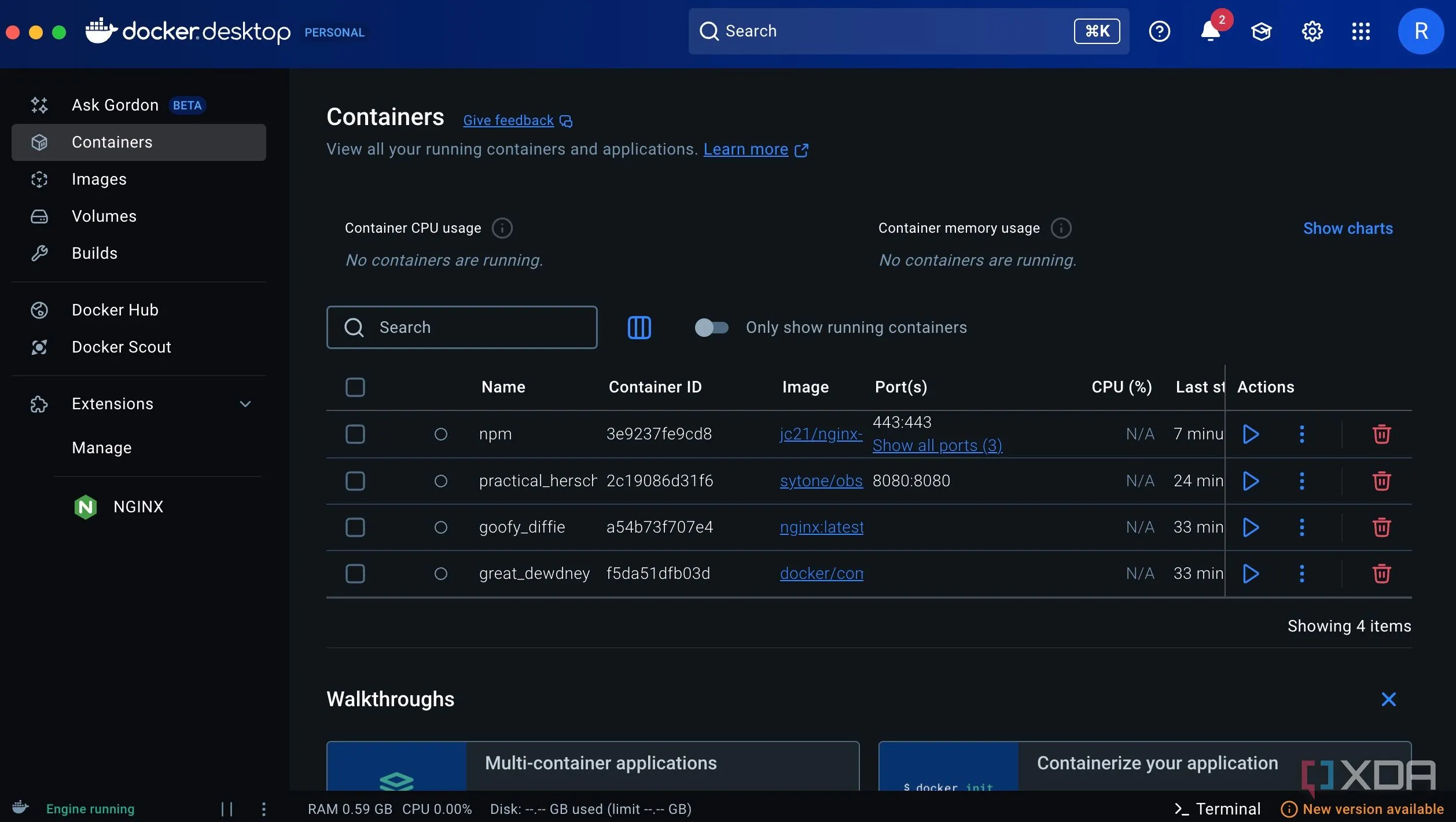 Giao diện Docker Desktop hiển thị danh sách các container đã cài đặt và đang chạy