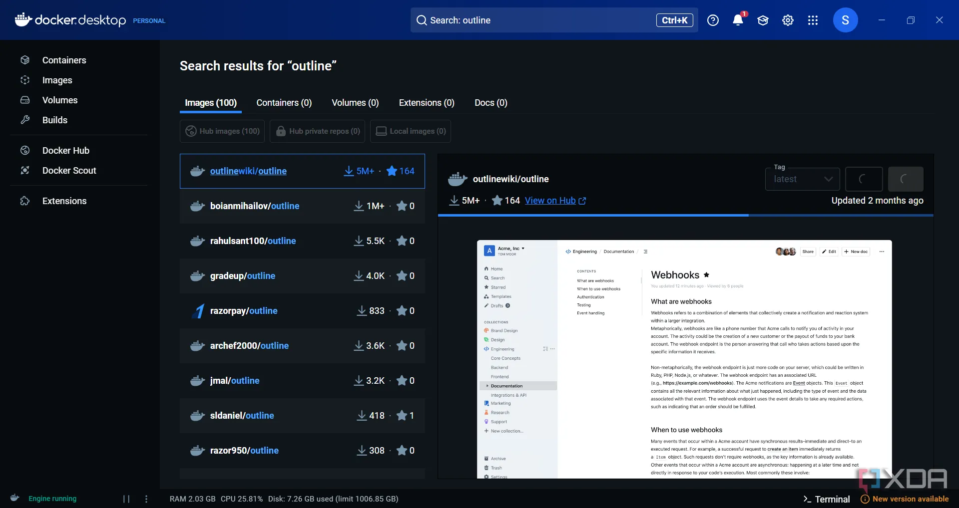 Giao diện Docker hiển thị thiết lập Outline sẵn sàng cho việc tự host dữ liệu