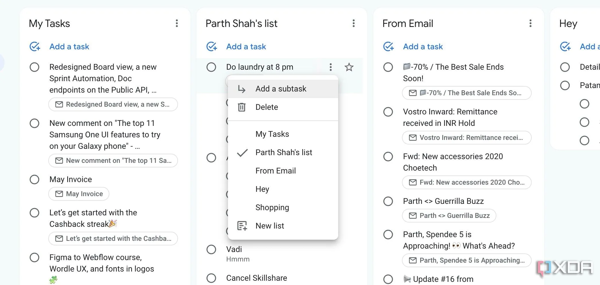 Giao diện đơn giản của Google Tasks với các tác vụ và tác vụ phụ