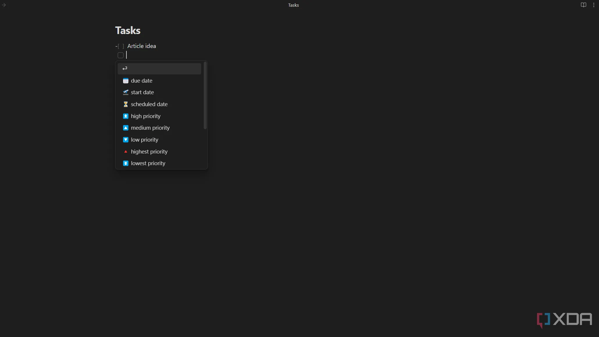 Giao diện dropdown của plugin Tasks trong Obsidian, hiển thị các tùy chọn để thêm ngày đến hạn và mức độ ưu tiên cho tác vụ