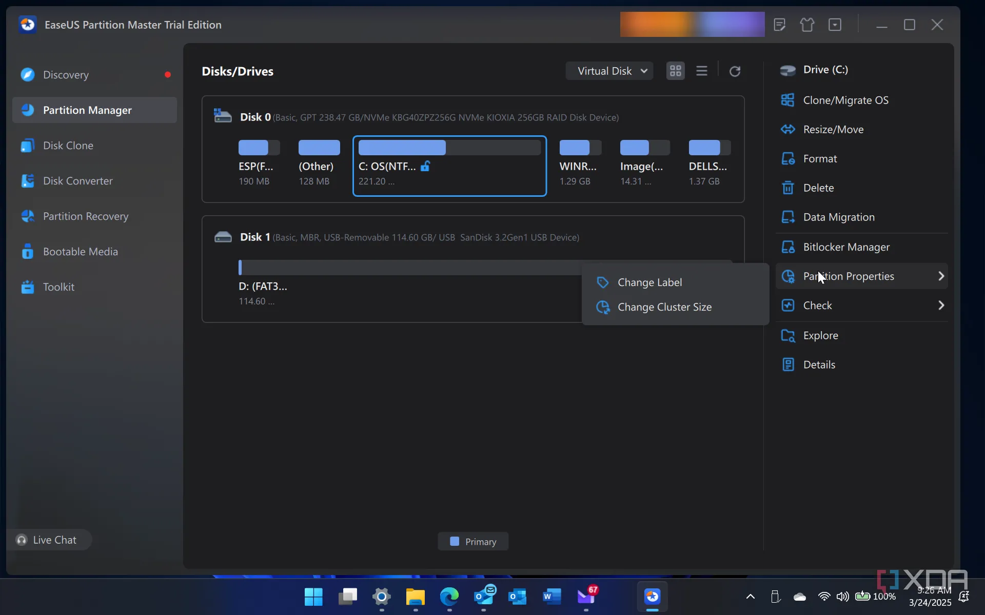 Giao diện EaseUS Partition Manager Free đang chạy trên Windows 11