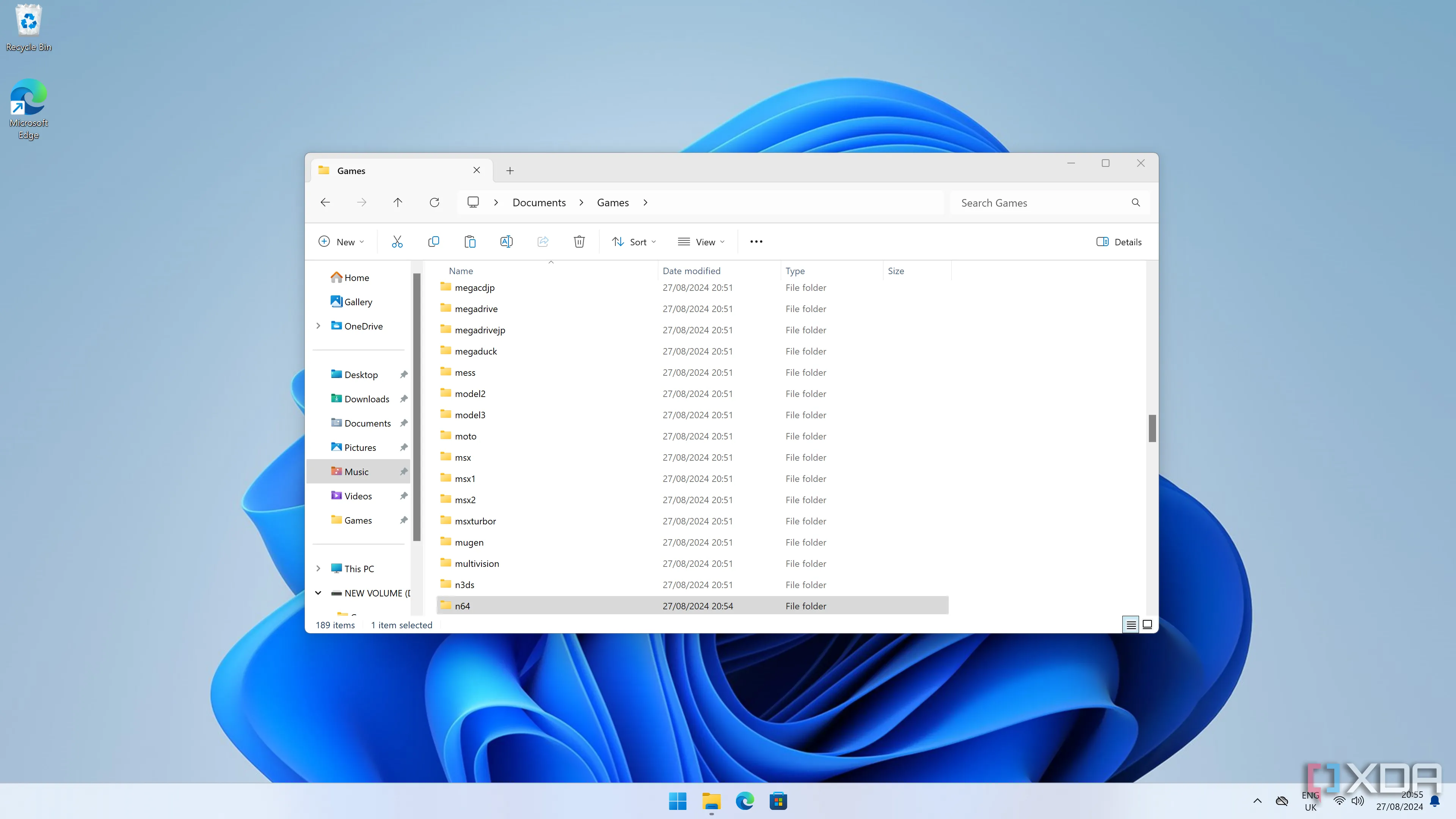 Giao diện File Explorer của Windows 11 hiển thị các thư mục ROM được sắp xếp gọn gàng, sẵn sàng cho EmulationStation