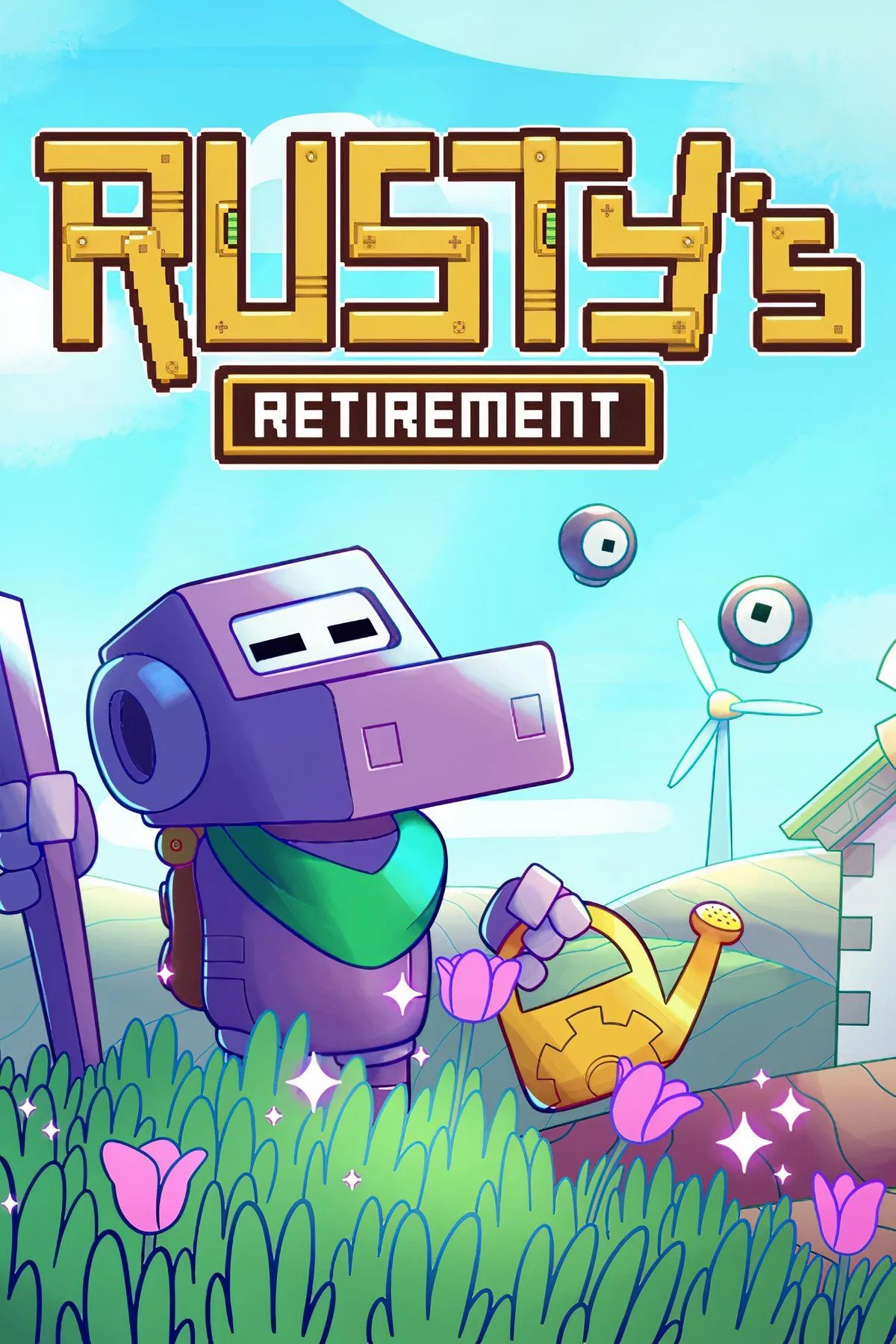 Giao diện game Rusty's Retirement, hiển thị một nông trại thu nhỏ trên màn hình làm việc.