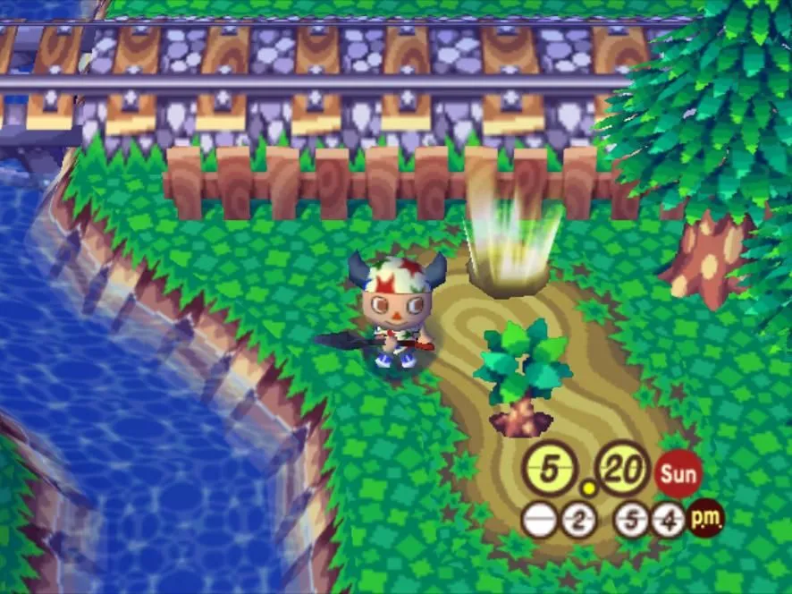 Giao diện gameplay Animal Crossing trên GameCube, tái hiện cuộc sống làng quê với các cư dân động vật.