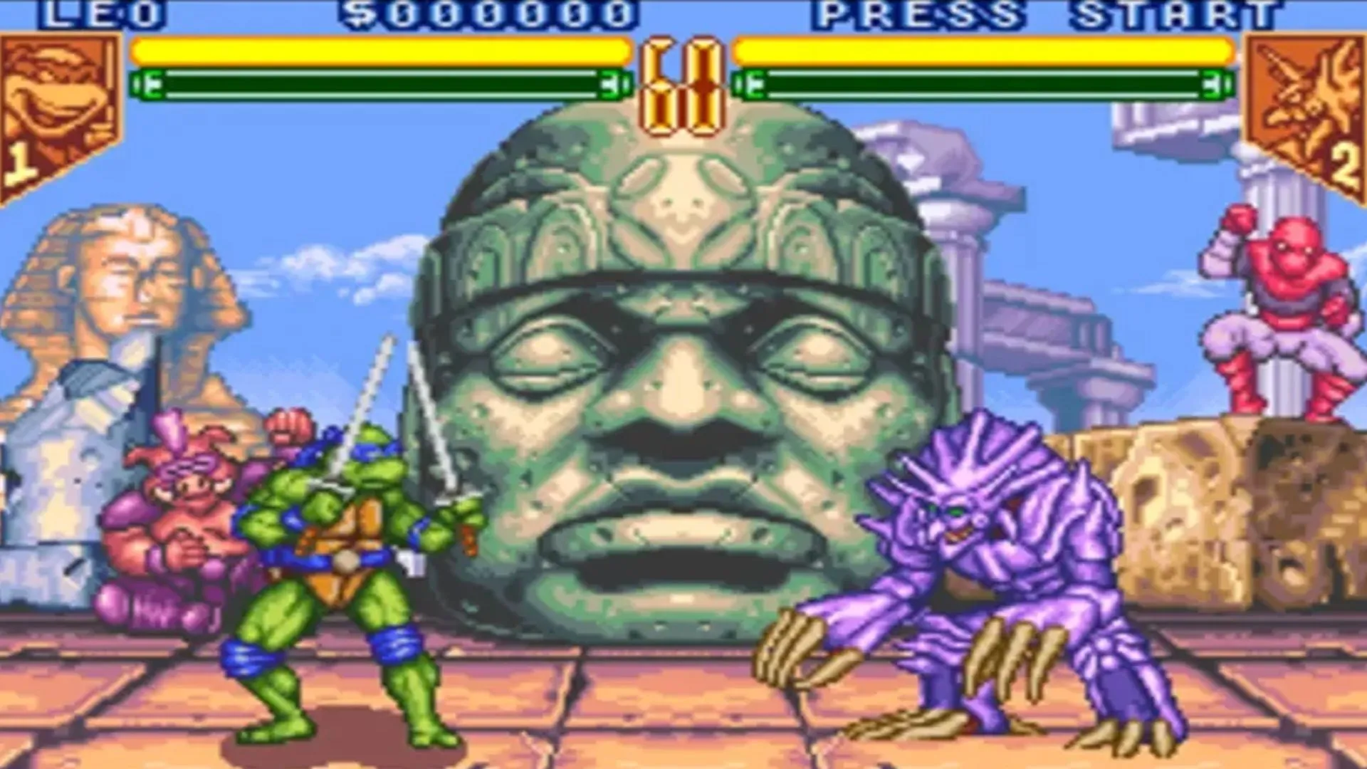 Giao diện gameplay của game đối kháng Teenage Mutant Ninja Turtles Tournament Fighters phiên bản SNES