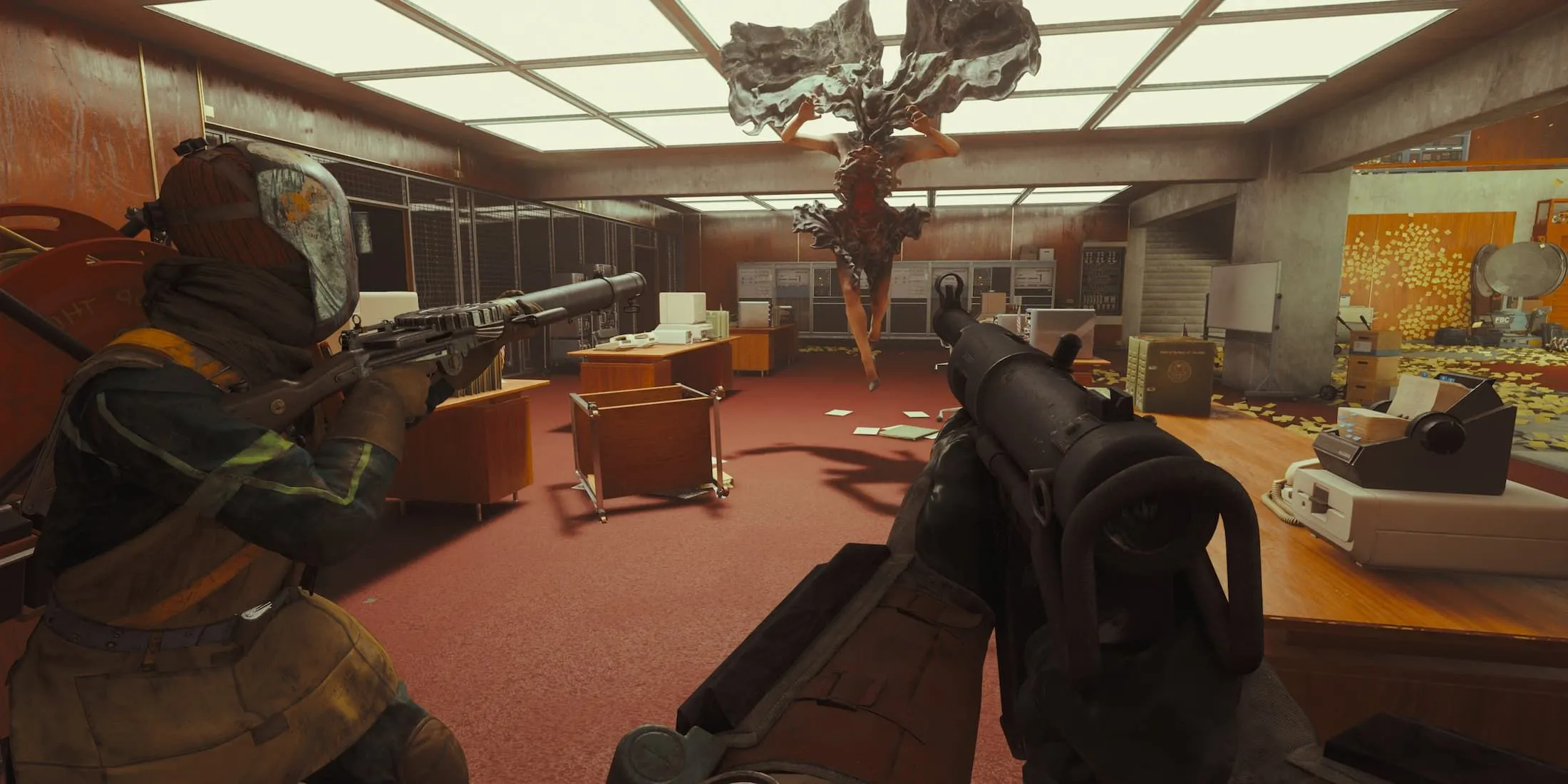 Giao diện gameplay FBC Firebreak với góc nhìn thứ nhất, hiển thị thanh máu và vũ khí